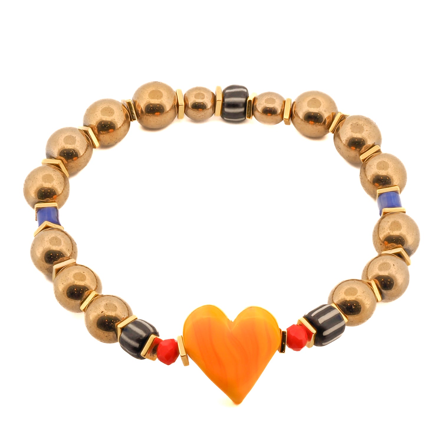 Vibrant Murano Glass Yellow Heart Bracelet with Gold Hematite Beads