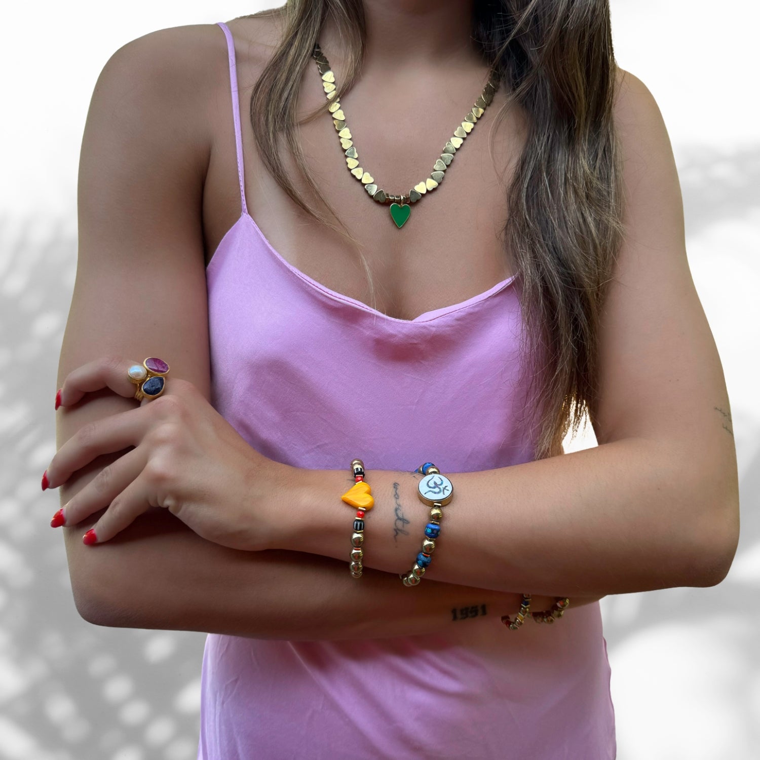 Model Wearing Fashionable Yellow Heart Murano Glass Bracelet with Hematite Beads