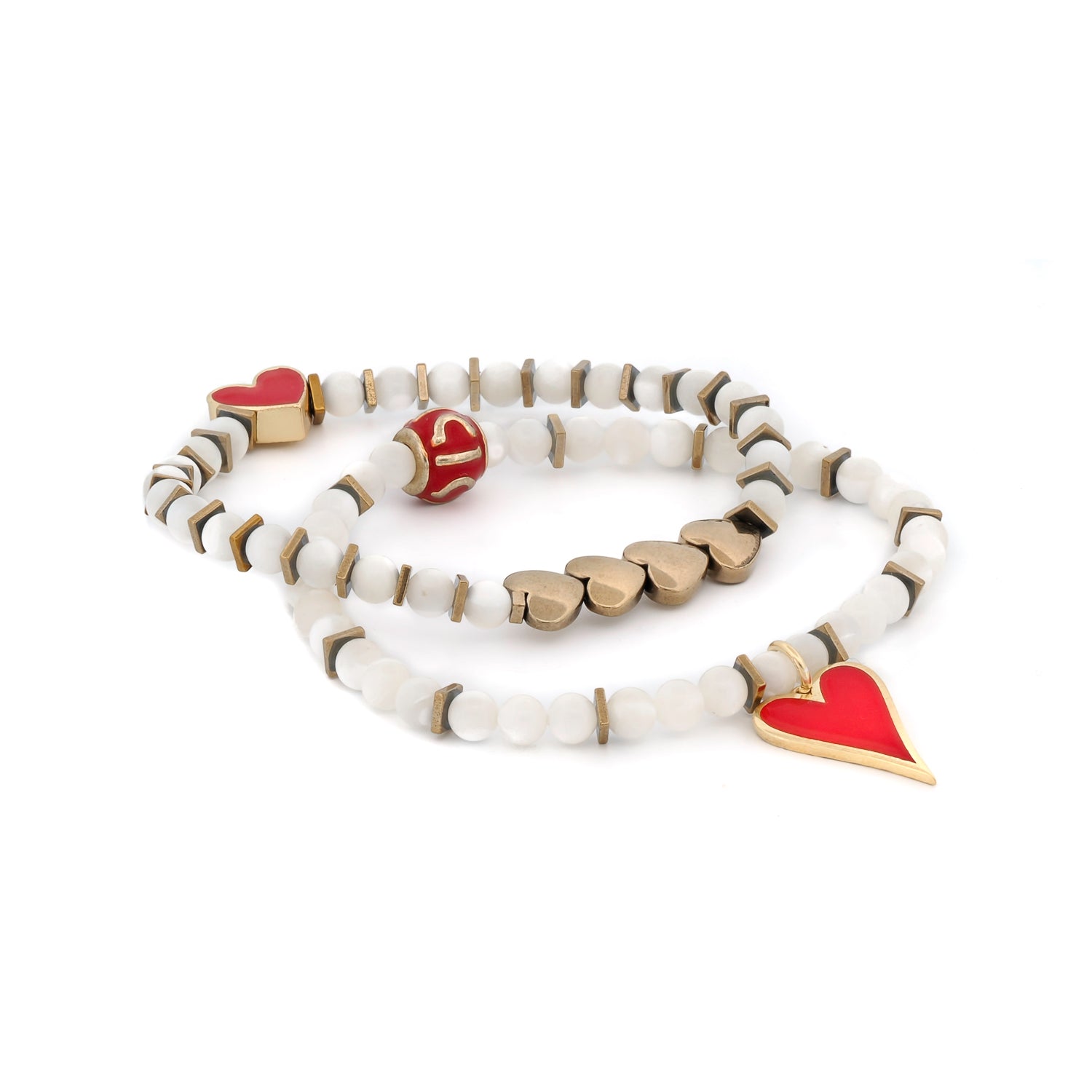 My Love Red &amp; Gold Heart White Beaded Bracelet Set