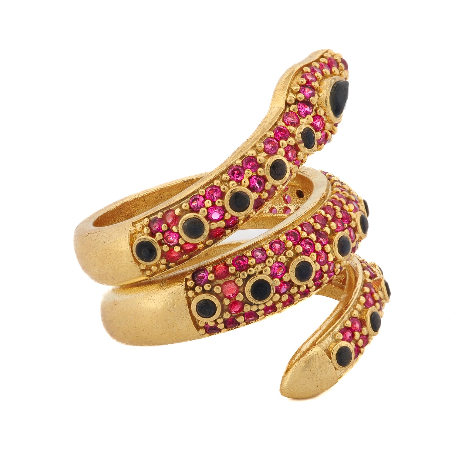 Black Onyx and Ruby Mystic Serpent Triple Wrap Ring with 18K Gold Plating for Transformation and Wisdom
