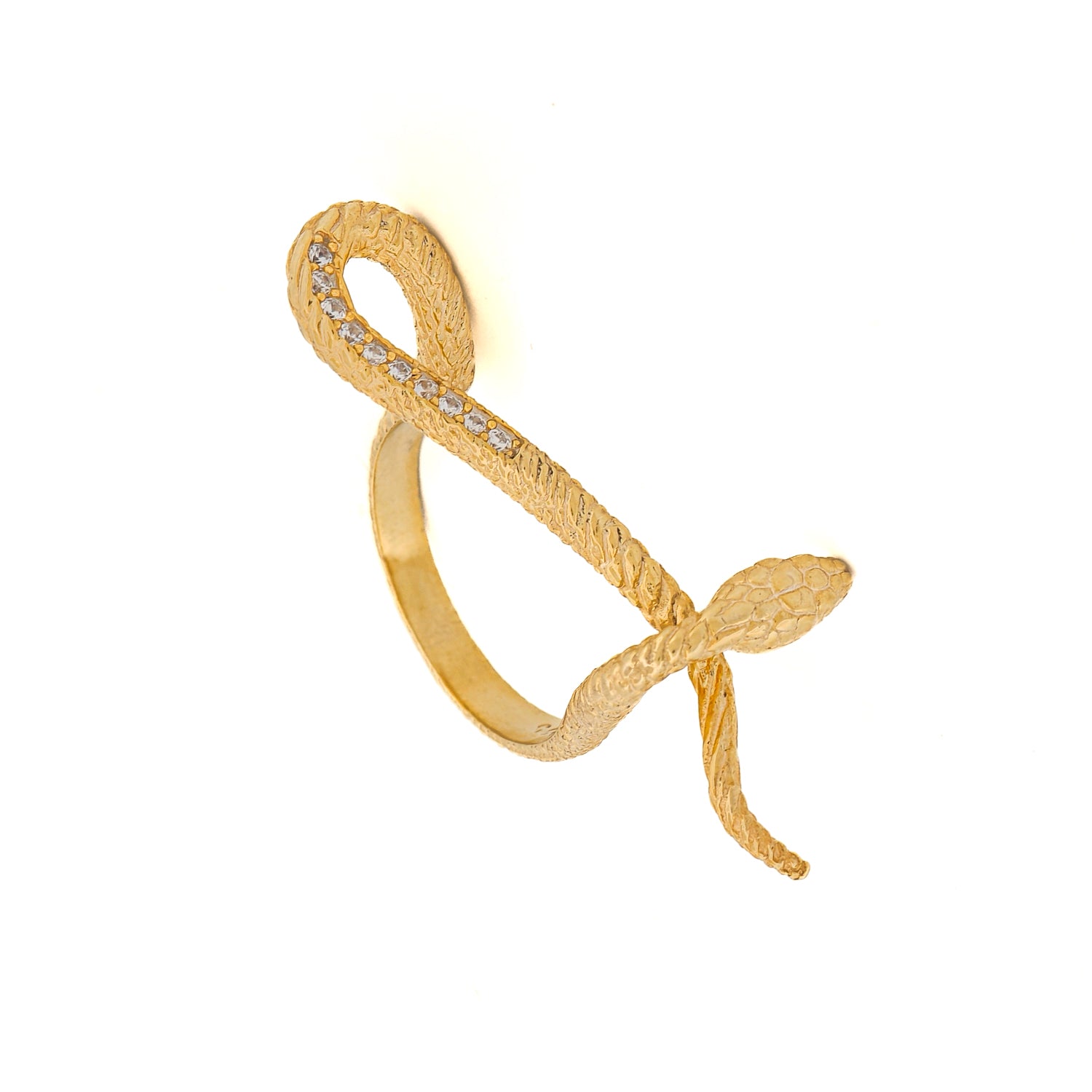 Sophisticated gold vermeil ring with a snake design encrusted with Cz diamonds, offering a blend of mystique and modern luxury.
