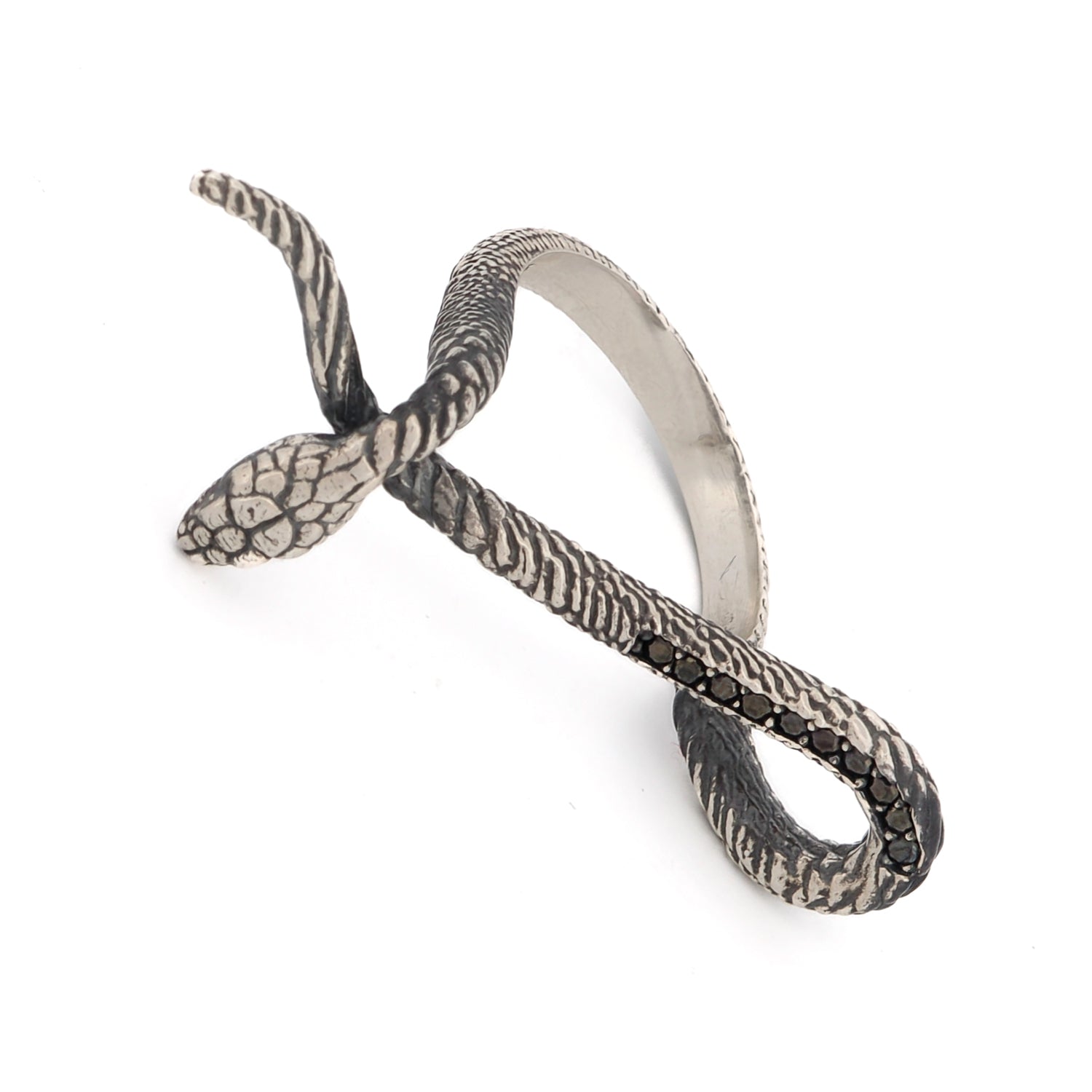 Unique snake-shaped ring in sterling silver, embellished with black Cz diamonds, showcasing a graceful and captivating design.
