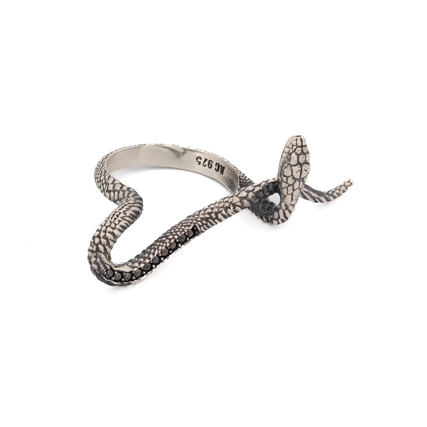 Sterling silver snake ring adorned with black Cz diamonds, featuring an intricate design that wraps around the finger, symbolizing transformation and wisdom.
