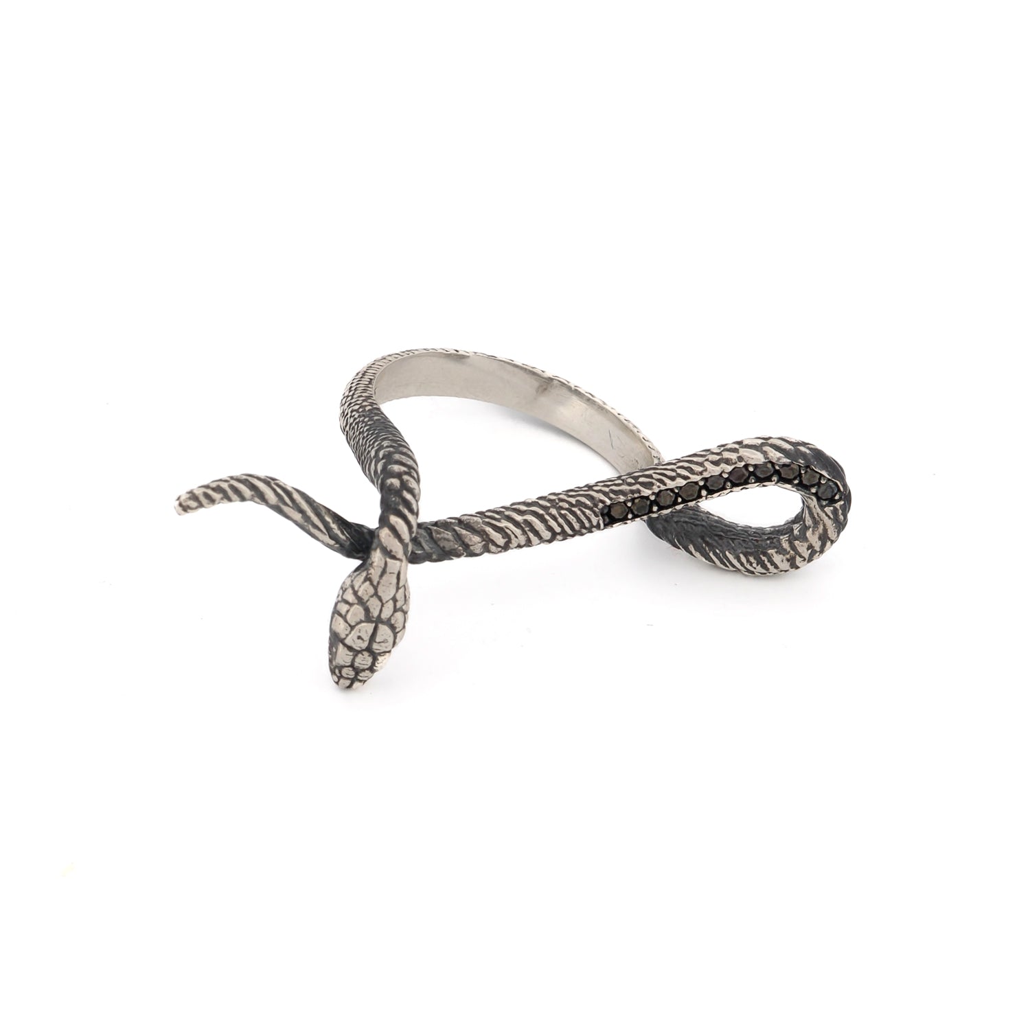 Graceful sterling silver ring with a snake wrapped around the finger, accented with black Cz diamonds for a touch of brilliance and elegance.
