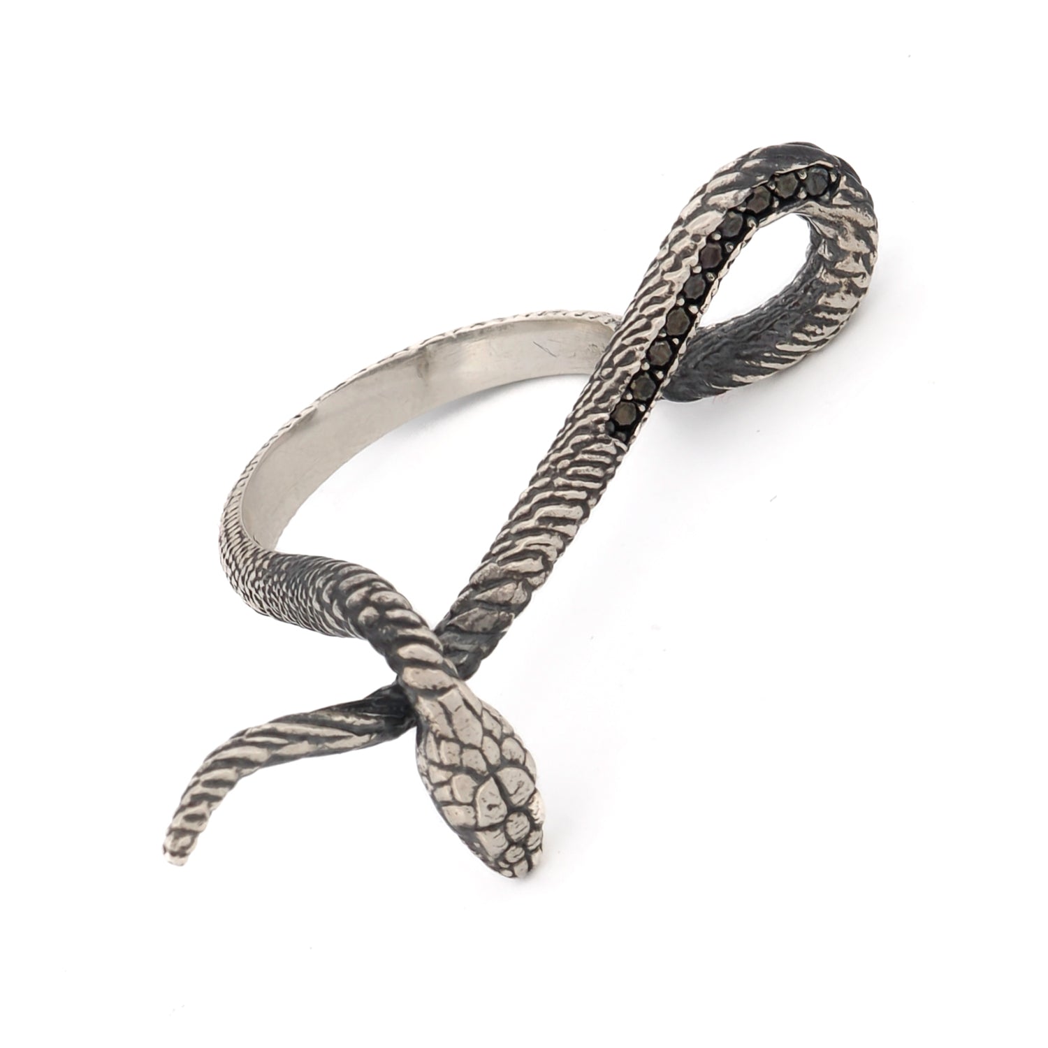 Bold sterling silver snake ring with black Cz diamonds, wrapping around the finger to create a striking and elegant statement piece.
