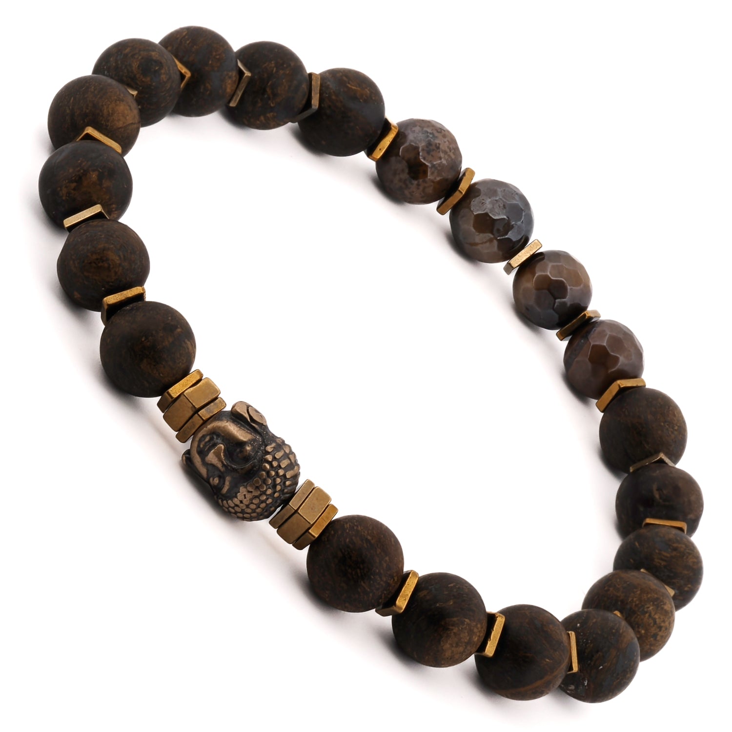 Unique Nepal Spiritual Beads and Bronze Buddha Bracelet, handcrafted with gold hematite spacers