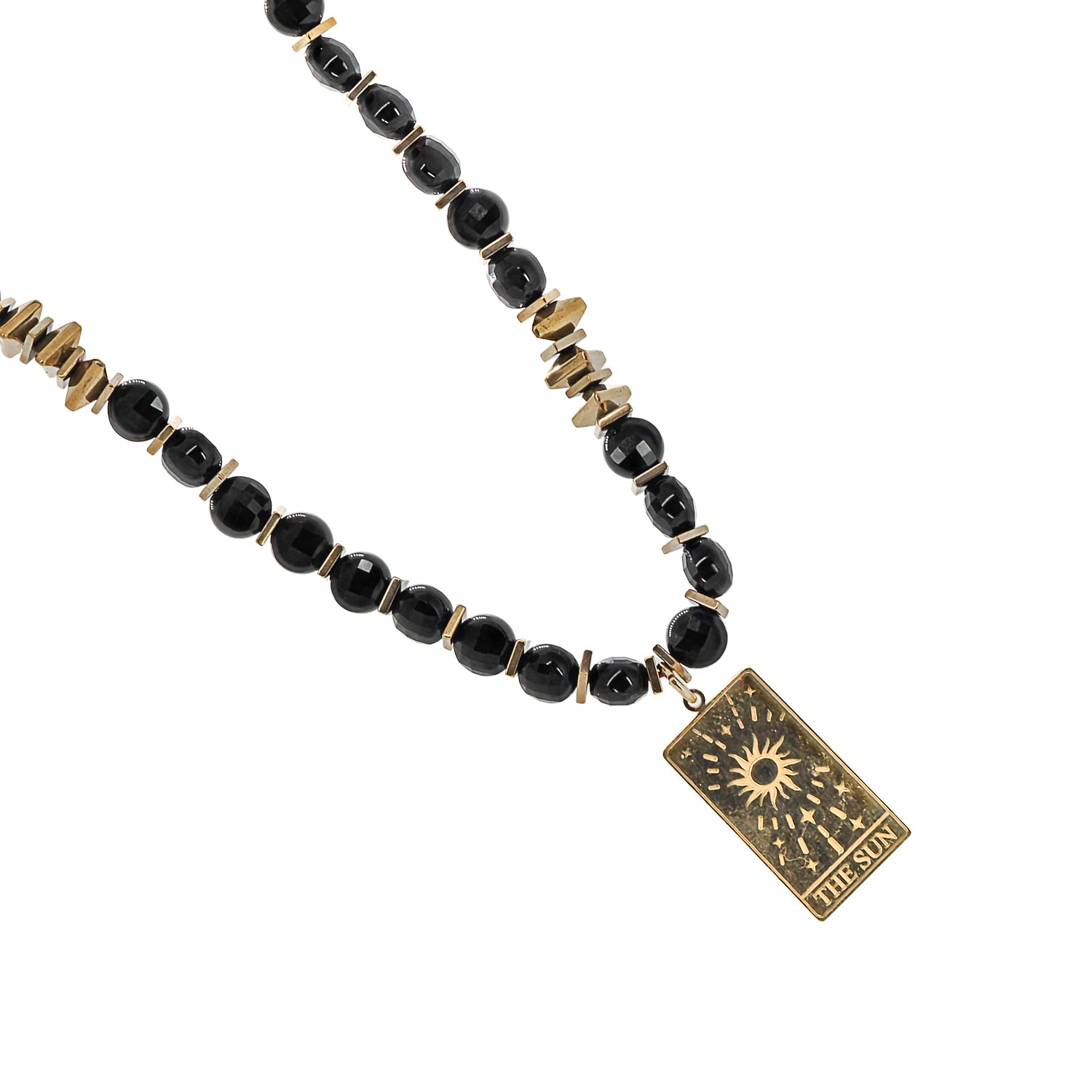 New Beginning Gold Tarot Sun Black Onyx Beaded Necklace