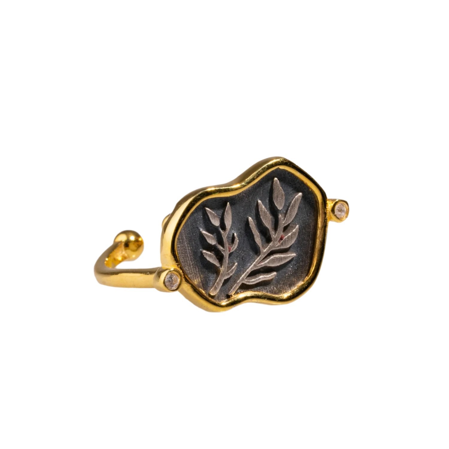 Sterling silver ring with intricate olive leaf engravings, bordered with 18k gold plating