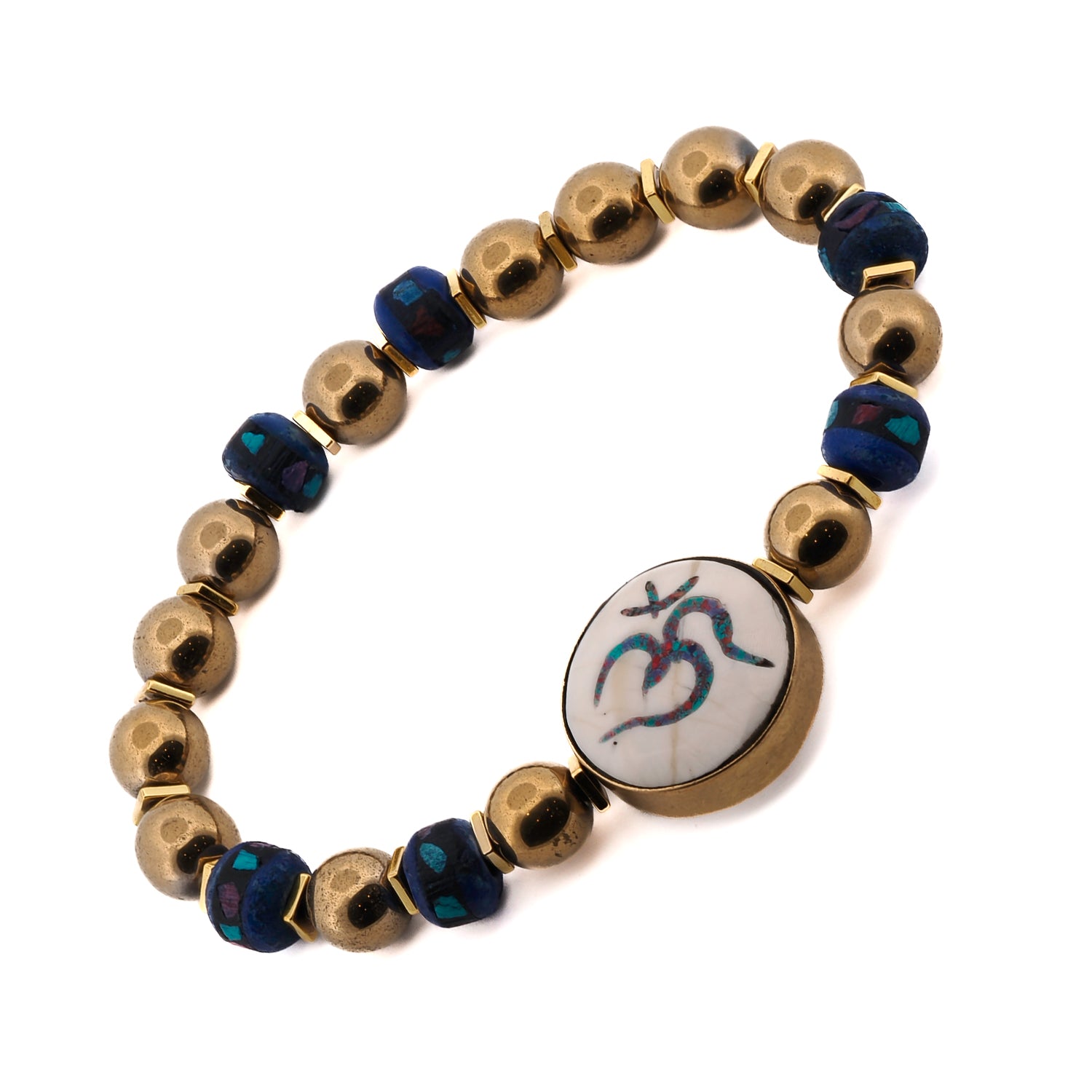 Elegant Om Mantra Bracelet with Gold Hematite and Blue Meditation Beads