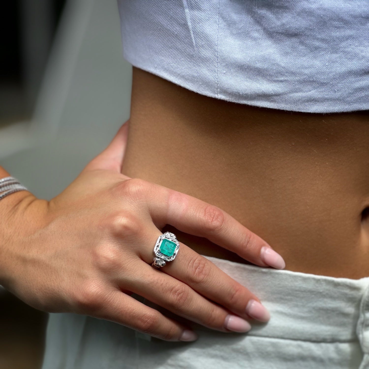 Paraiba Tourmaline &amp; Cz Diamond Ring on Model - Opulent Glamour