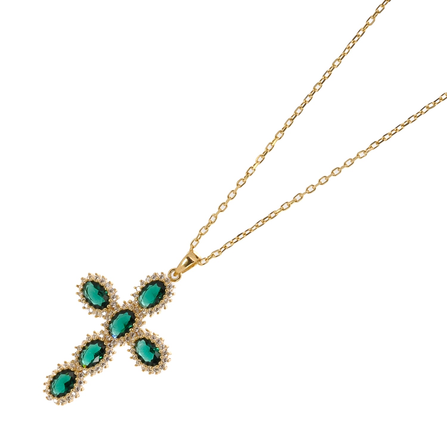 Passion Diamond &amp; Green Jade Stone Cross Pendant Necklace