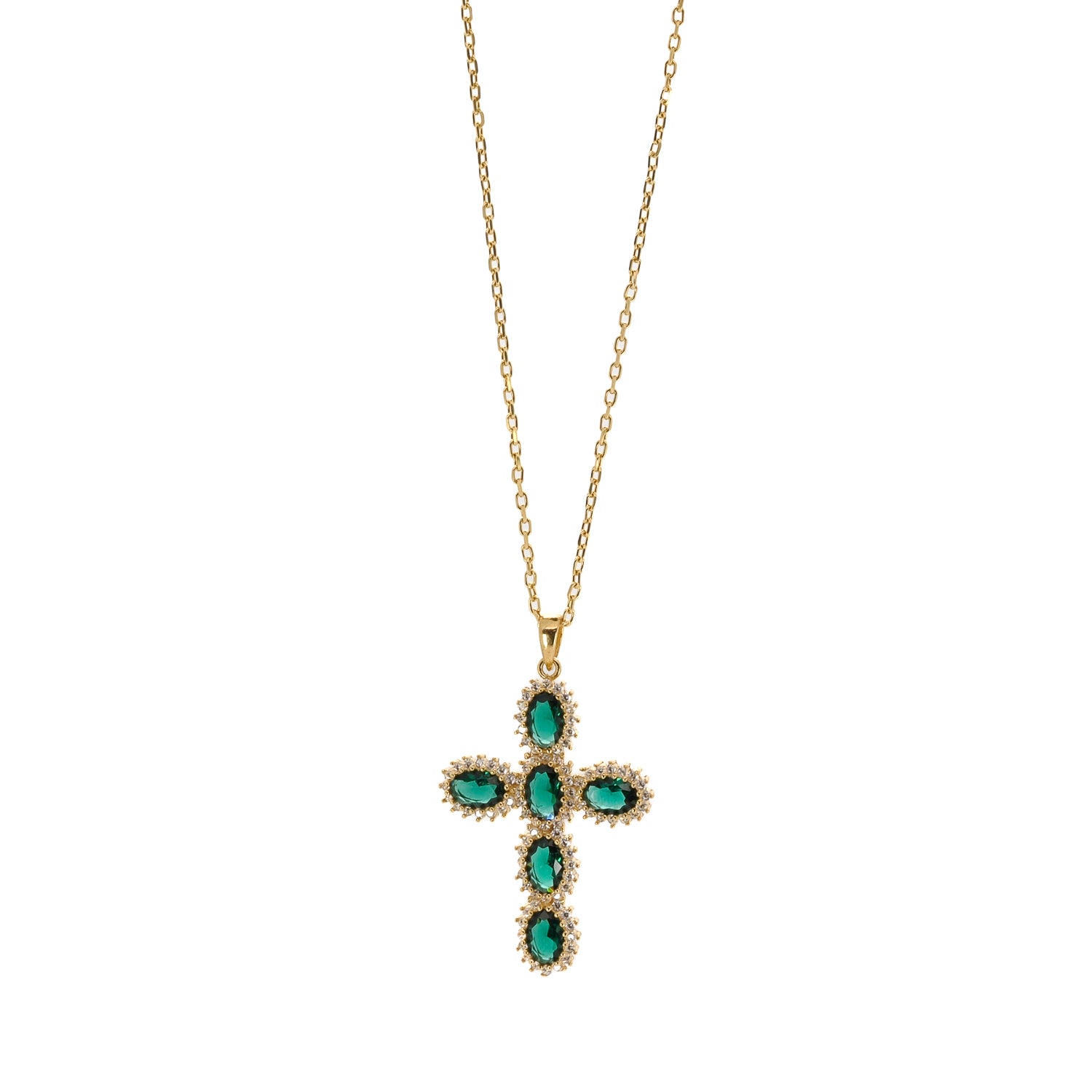Passion Diamond &amp; Green Jade Stone Cross Pendant Necklace