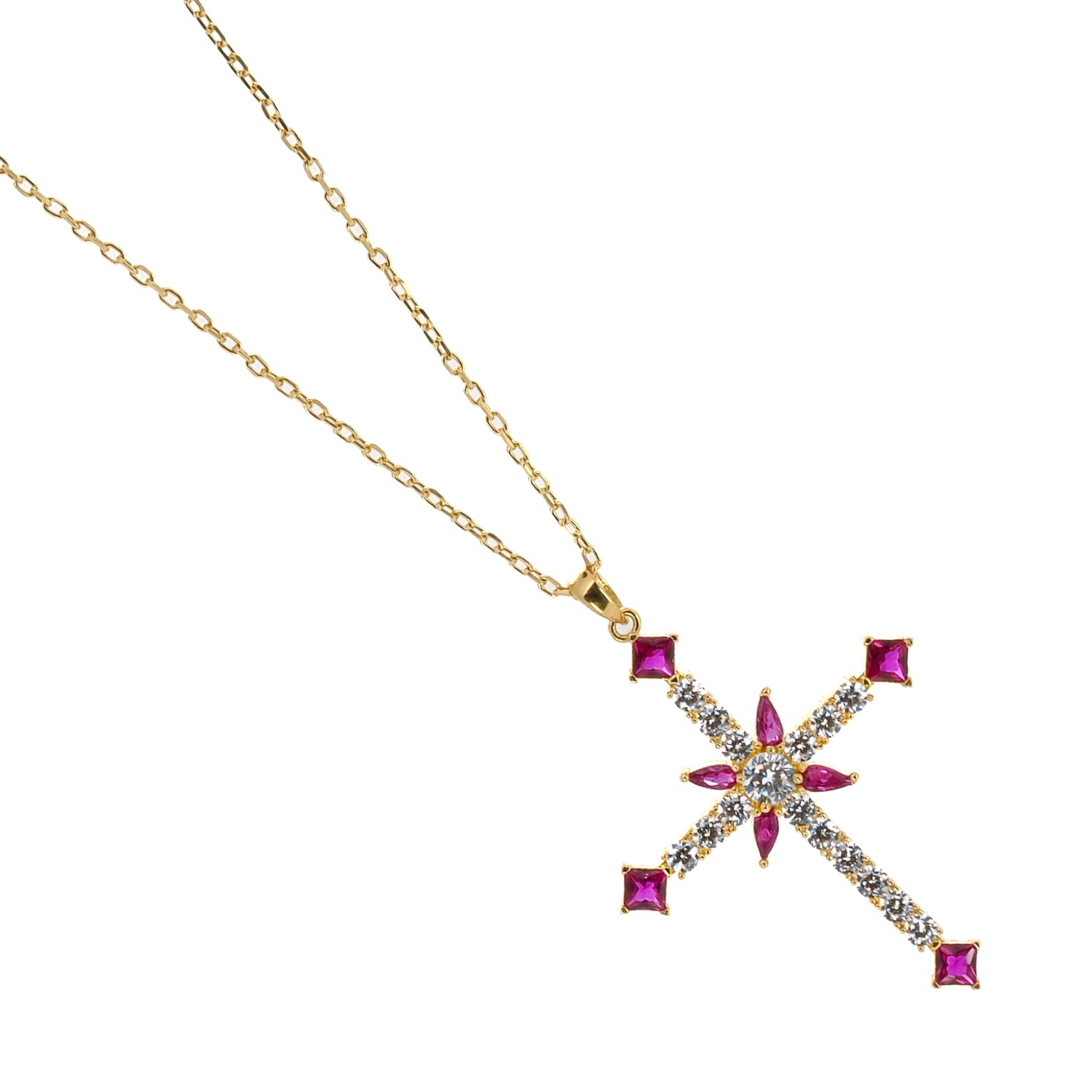 Passion Diamond &amp; Ruby Stone Cross Pendant Necklace