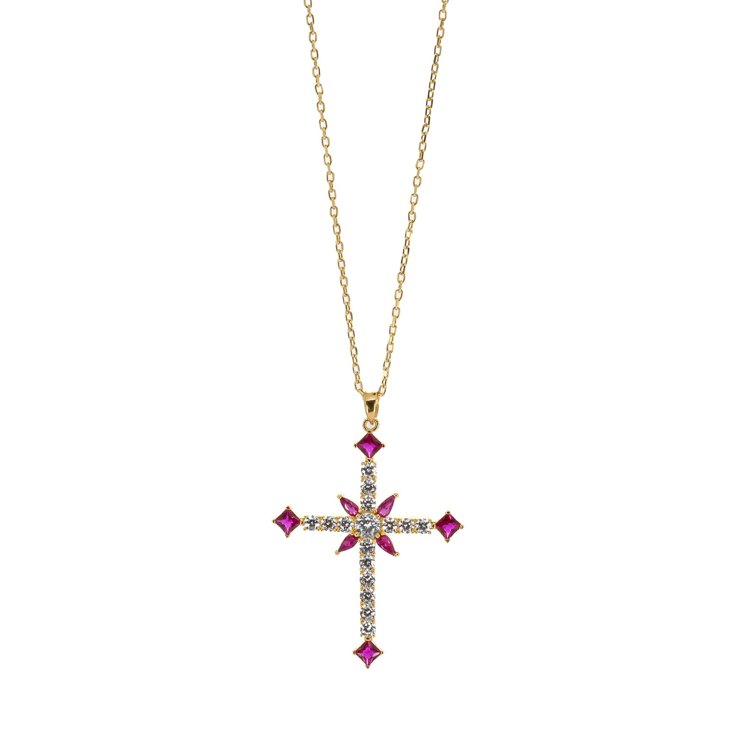 Passion Diamond &amp; Ruby Stone Cross Pendant Necklace