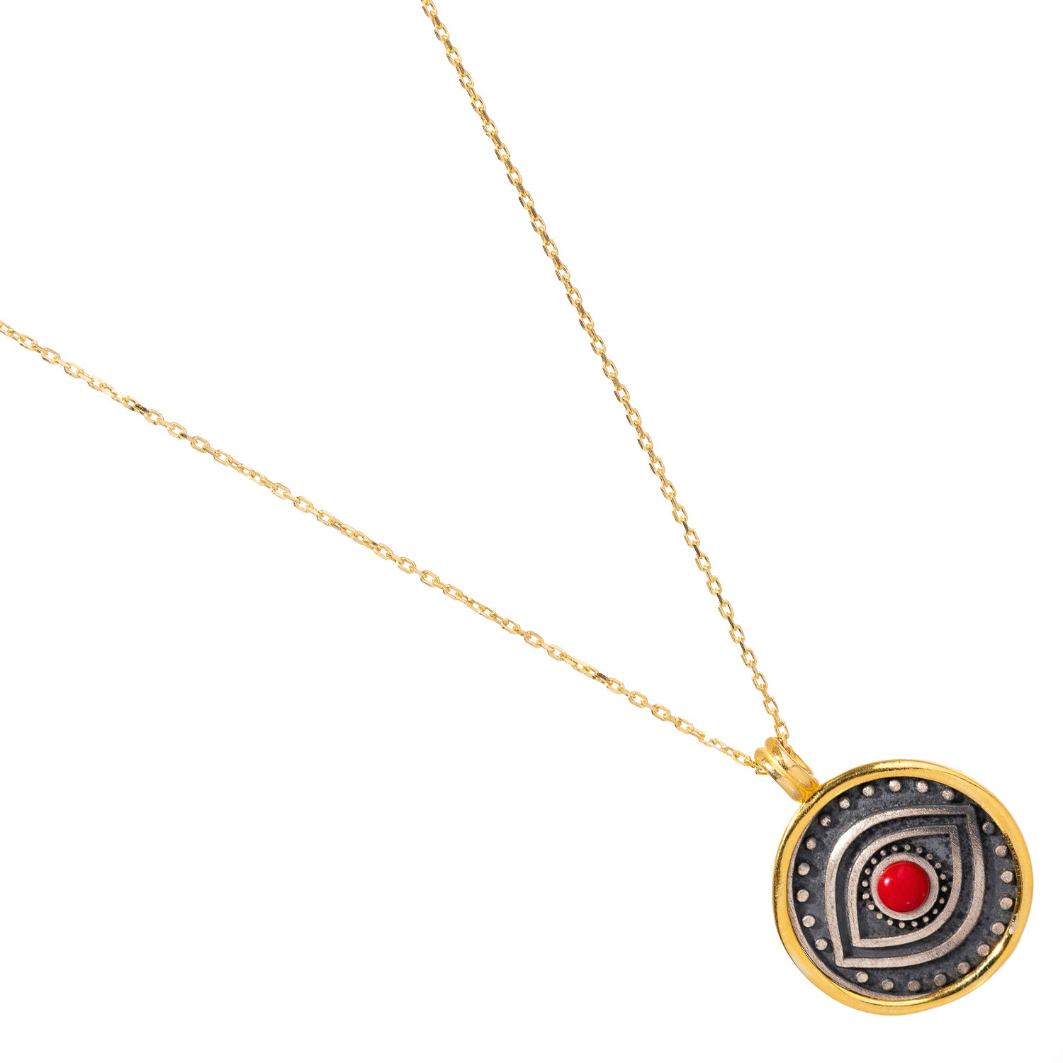 Beautiful sterling silver necklace with a gold-plated pendant featuring a red coral evil eye, providing a blend of elegance and protective power.