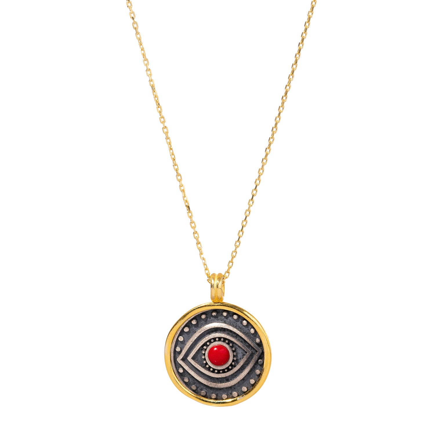 Unique necklace with a round red coral evil eye pendant on a sterling silver chain, framed with 18k gold plating for a stylish and protective accessory.