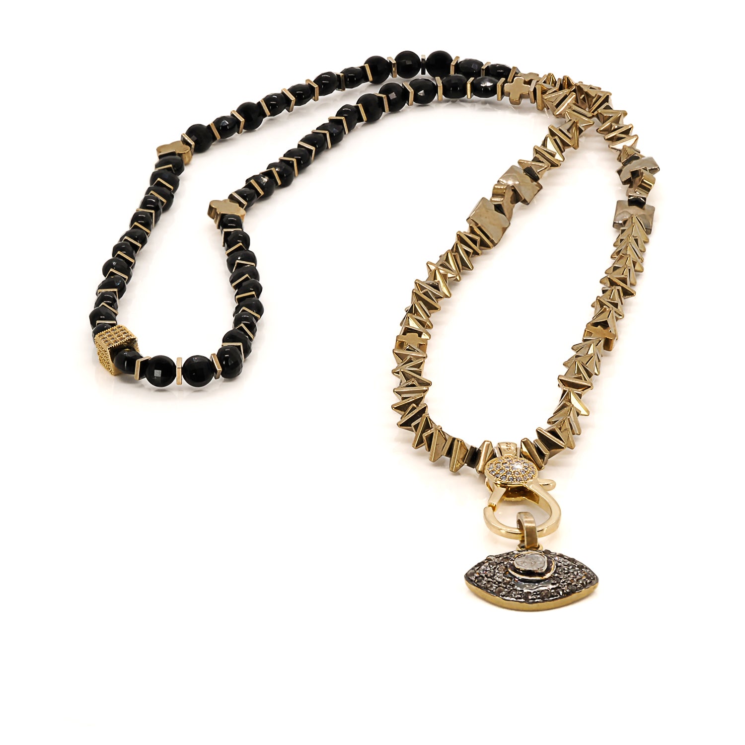 Intricate Harmony: Black Onyx Beaded Necklace with Protective Pave Diamond Pendant