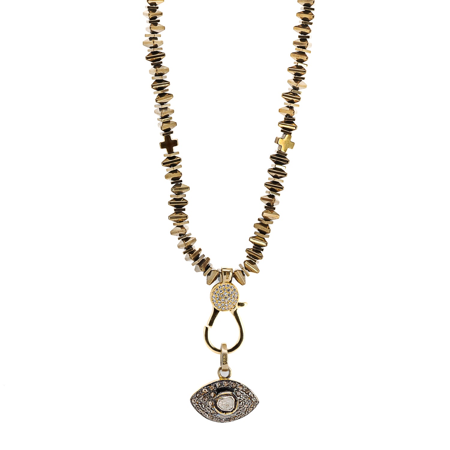 Fusion of Opulence: Pave Diamond Gold Evil Eye Pendant Black Onyx Beaded Necklace