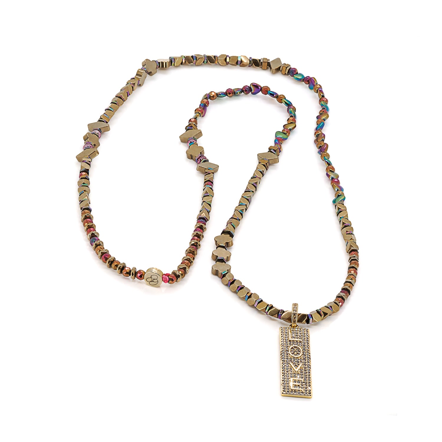 The necklace features gold color hematite stone beads, known for enhancing emotional balance and promoting positive energy flow, making it the ideal choice for a love-themed necklace