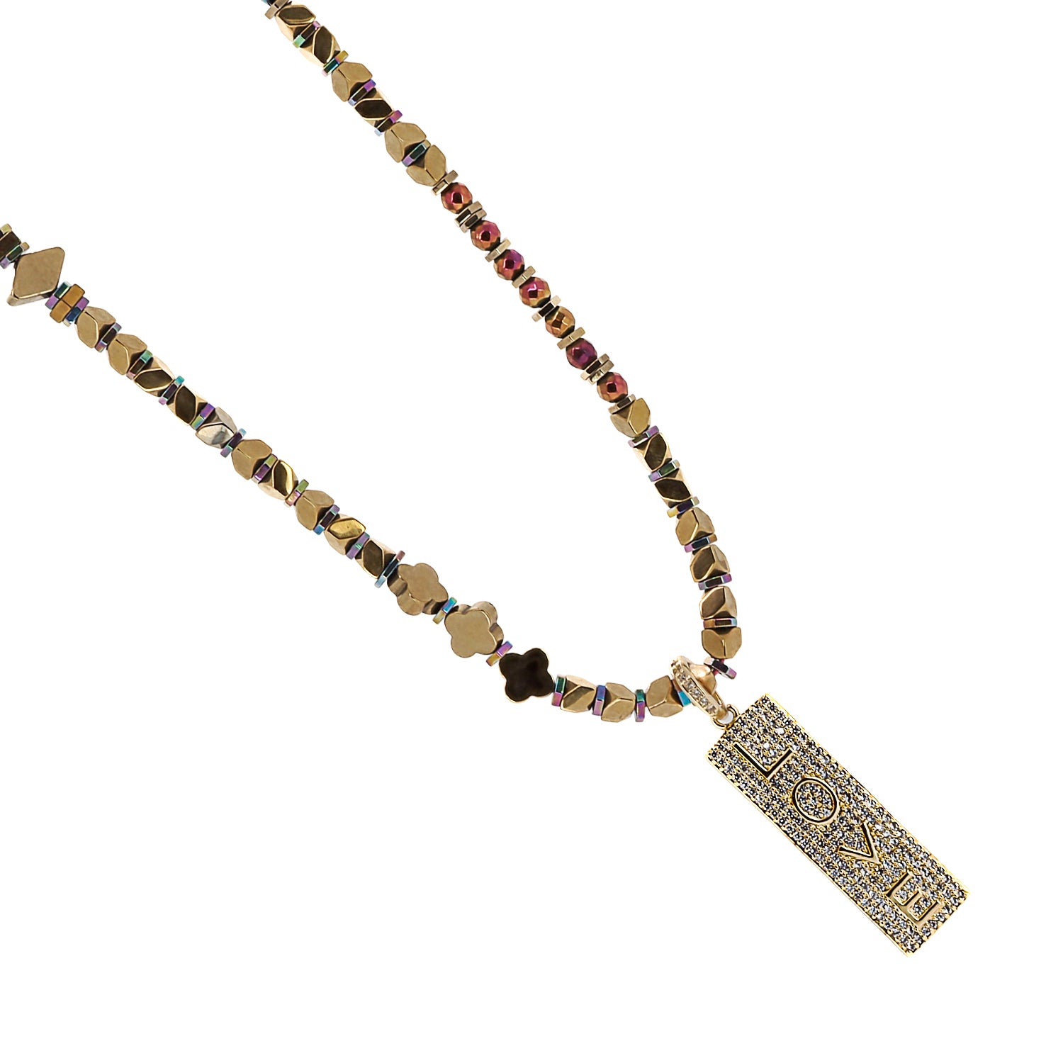 Pave Diamond Love Hematite Beaded Necklace