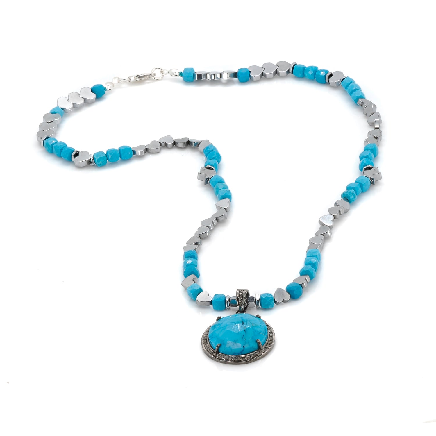 Pave Diamond &amp; Turquoise Gemstone Pendant Silver Heart Hematite Stone Beaded Necklace