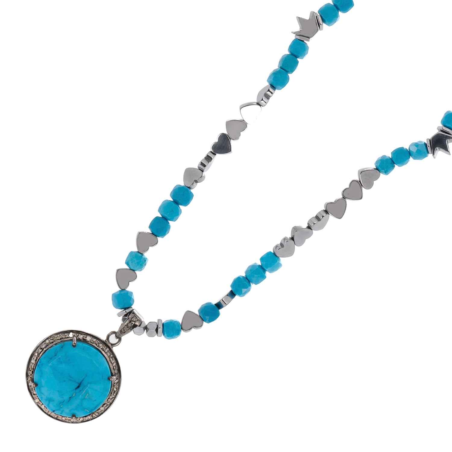 Pave Diamond &amp; Turquoise Gemstone Pendant Silver Heart Hematite Stone Beaded Necklace