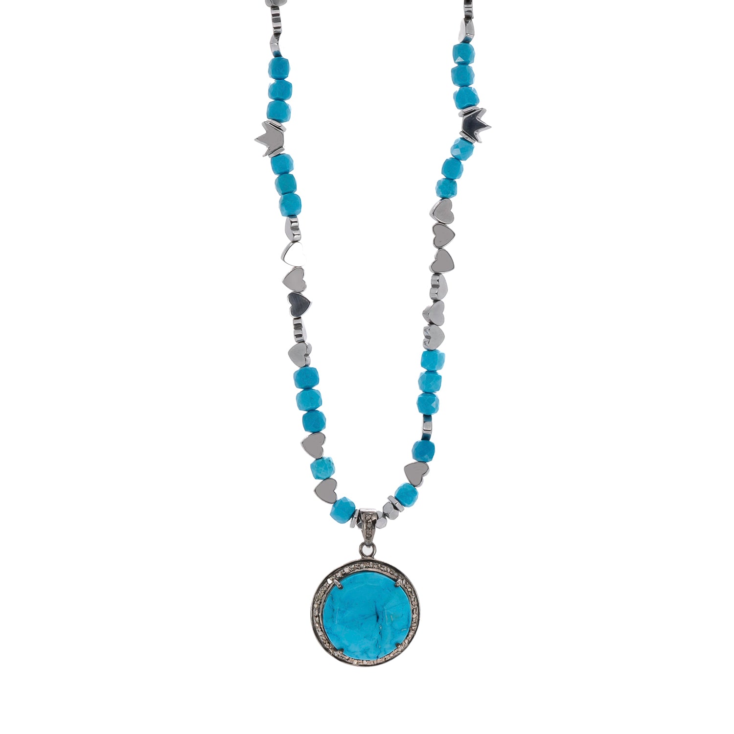 Pave Diamond &amp; Turquoise Gemstone Pendant Silver Heart Hematite Stone Beaded Necklace