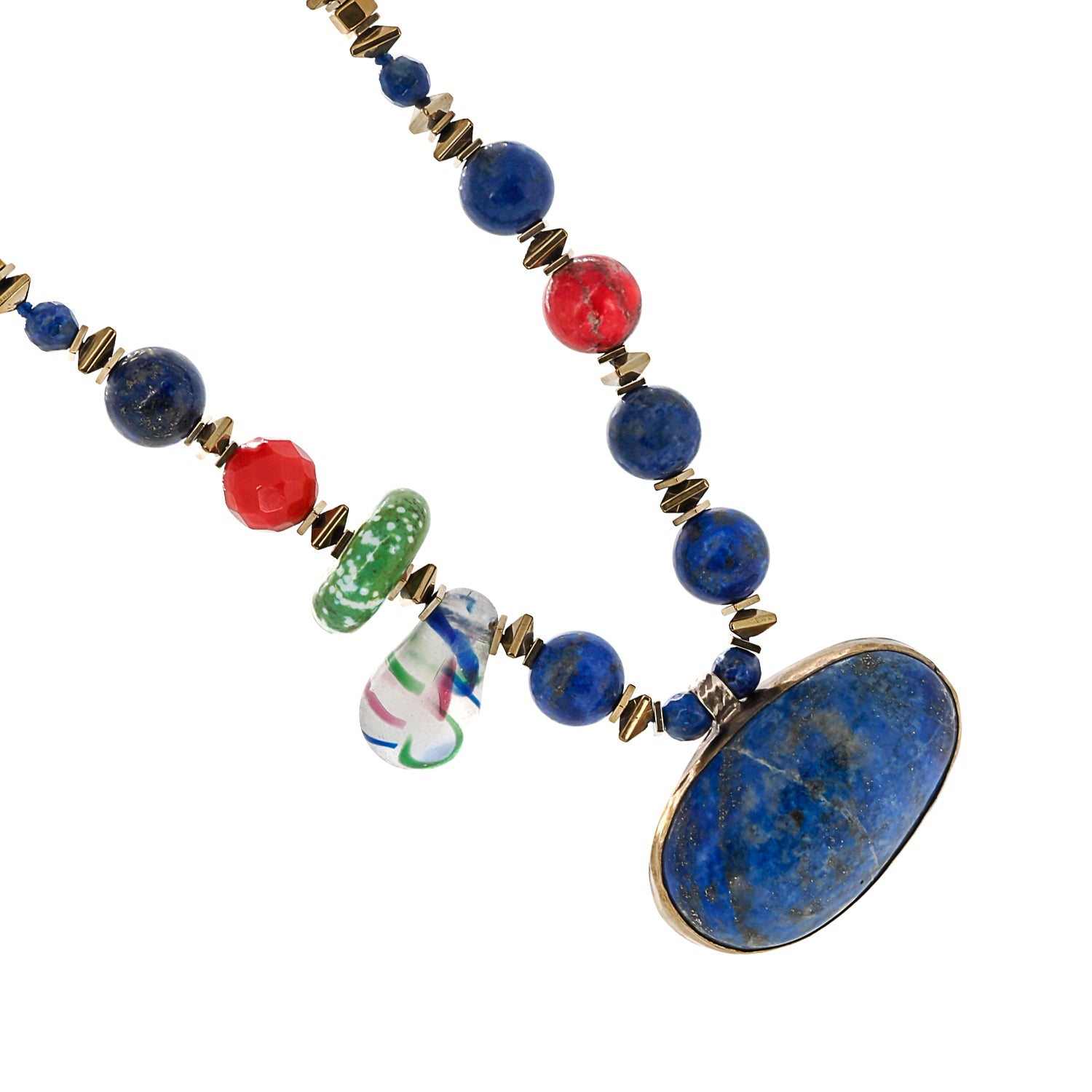 Exquisite necklace with a bold lapis lazuli pendant and gold color hematite beads, enhanced by turquoise, coral, and varacite elements