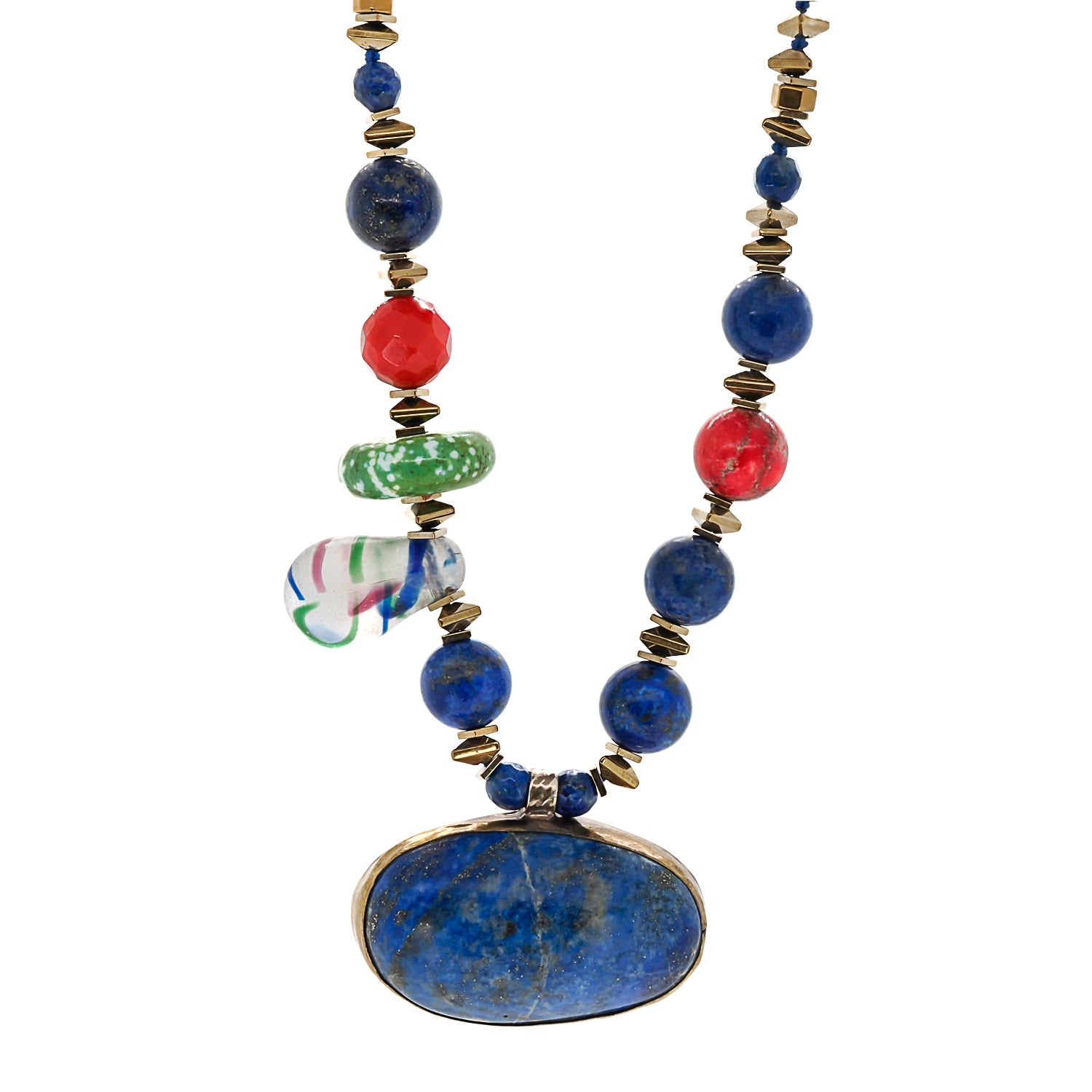 Unique chunky necklace featuring a large lapis lazuli pendant and assorted beads, including gold hematite, turquoise, coral, and varacite