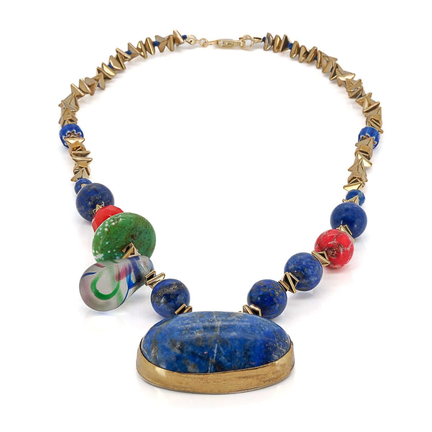 Elegant beaded necklace showcasing a large lapis lazuli pendant and a mix of gold hematite, turquoise, coral, and varacite stones