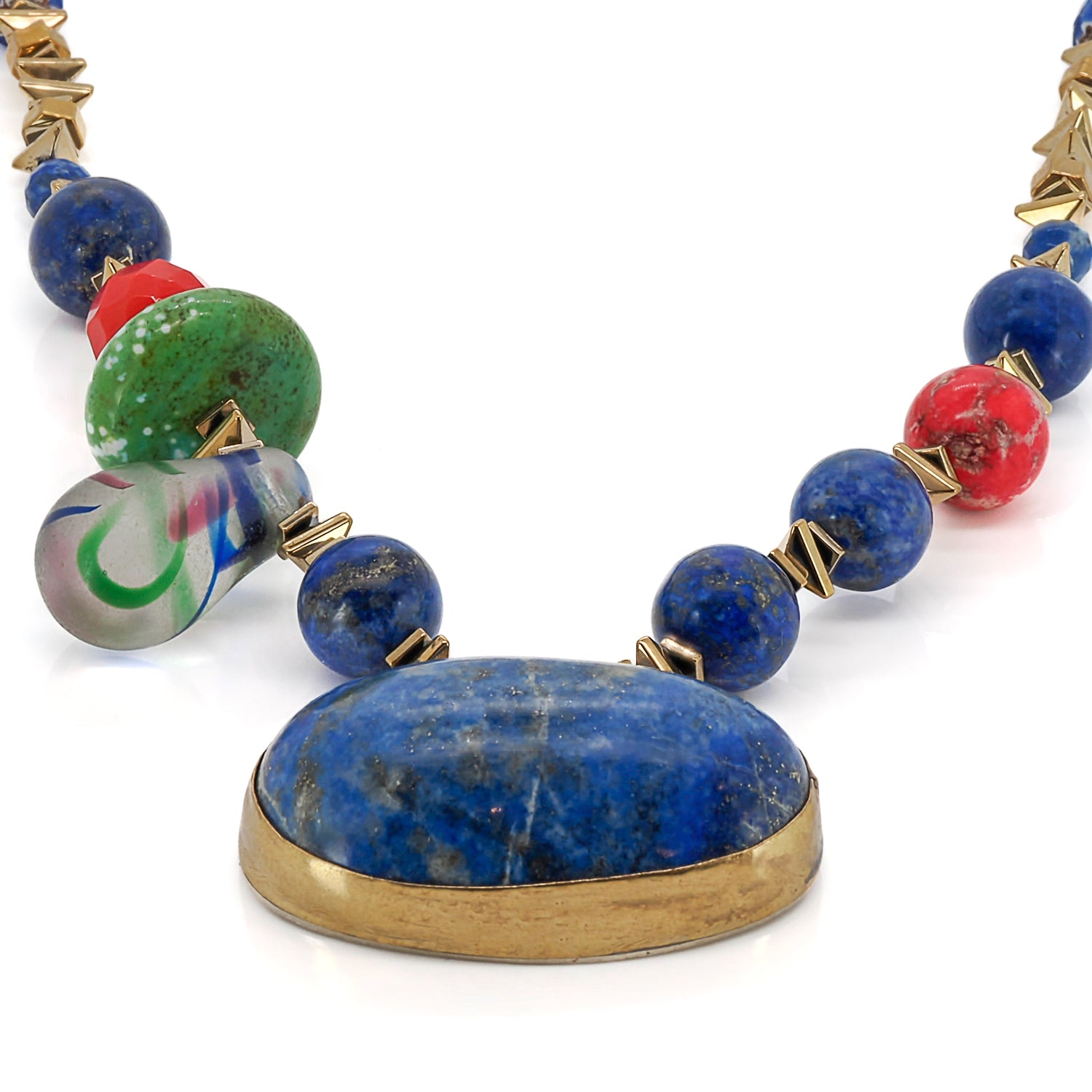 Lapis lazuli pendant necklace with gold hematite spacers and colorful beads, designed for a sophisticated and harmonious look