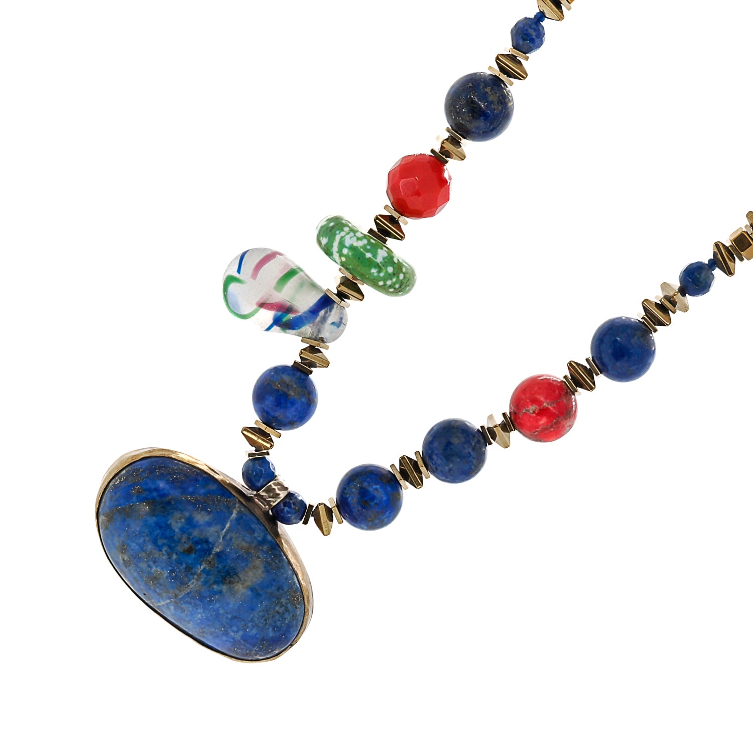 Chunky necklace featuring a deep blue lapis lazuli pendant and an array of complementary beads including turquoise, coral, and varacite