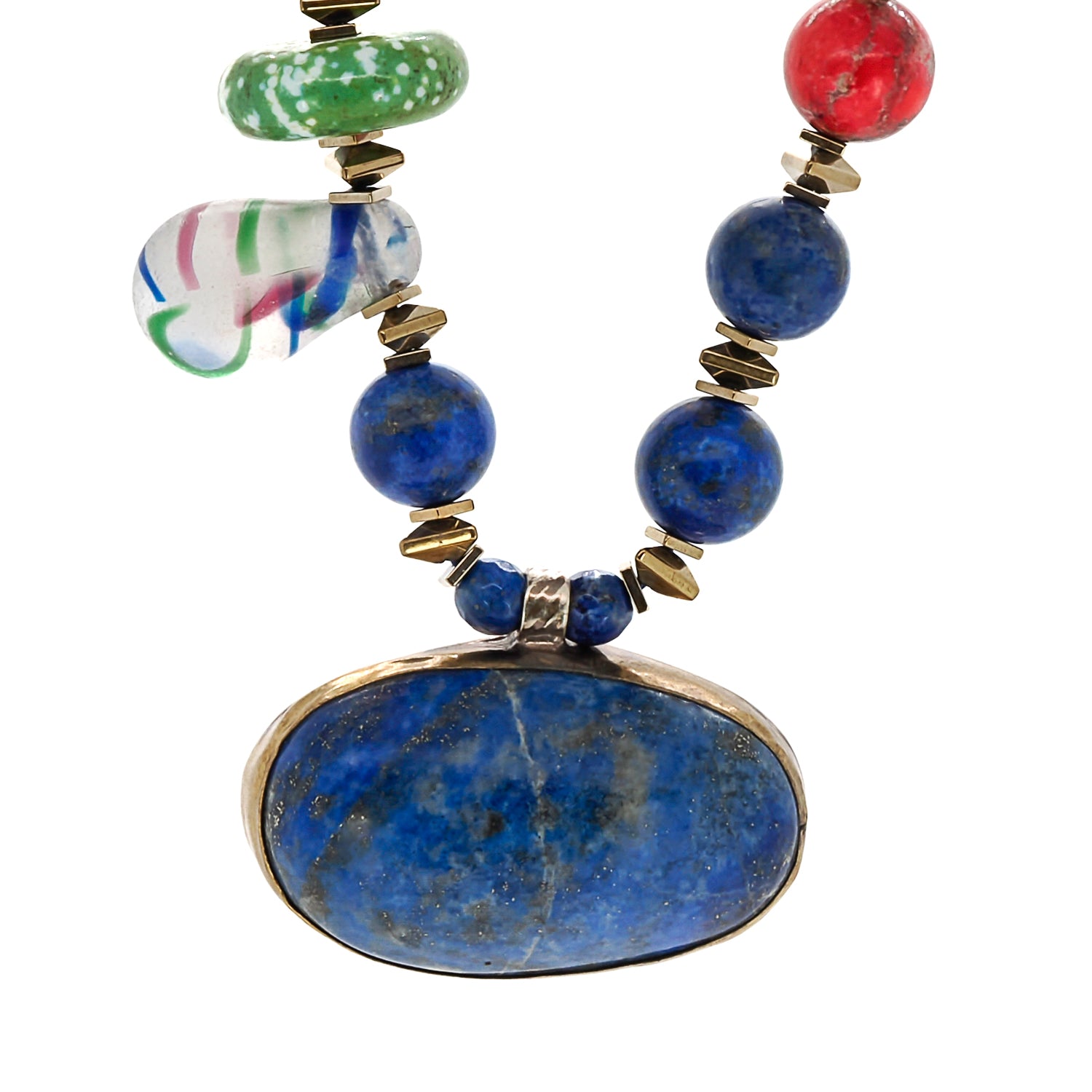 Handcrafted peace and harmony necklace with a large lapis lazuli stone pendant and gold hematite spacers, accented with turquoise, coral, and varacite beads