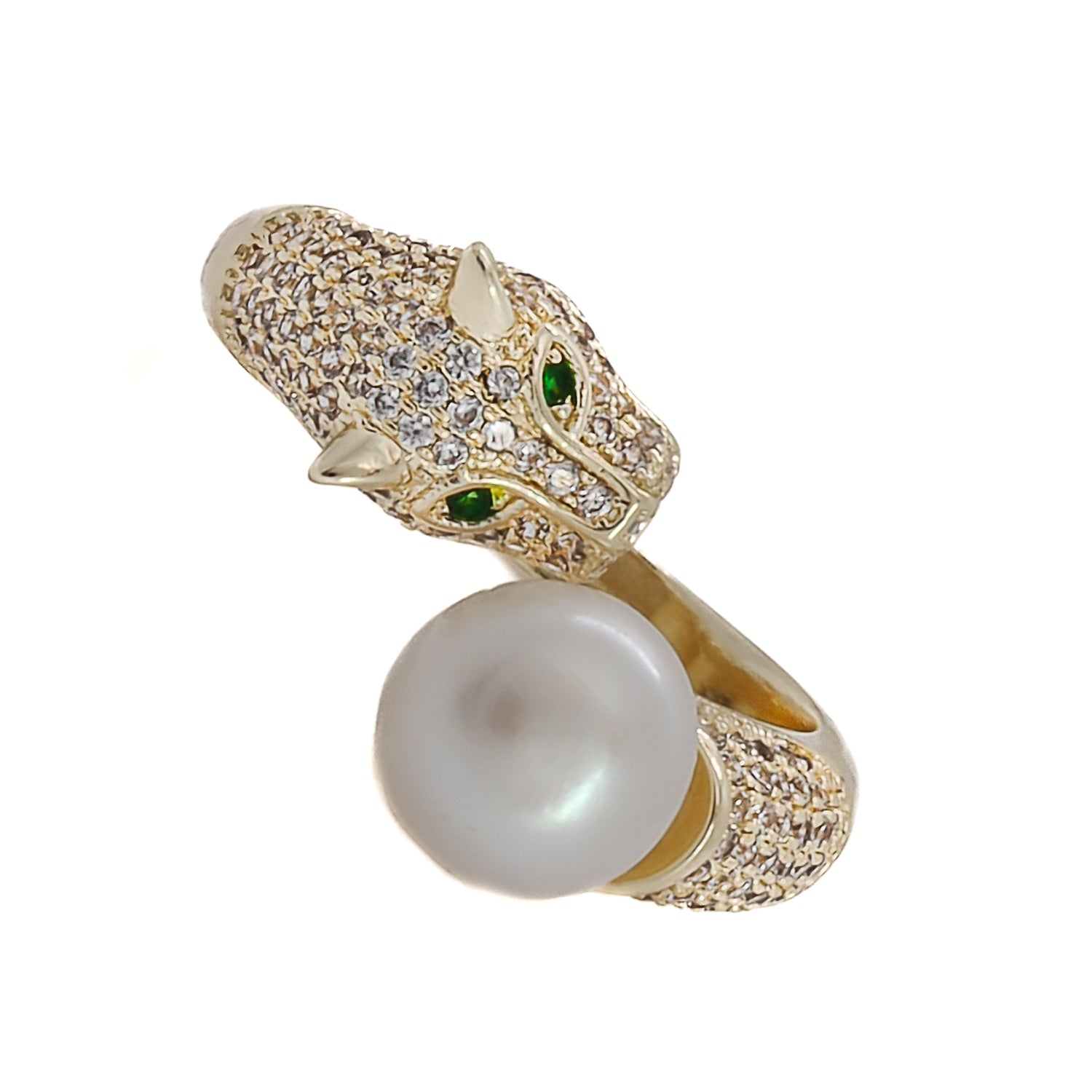Pearl & Diamond Panther Ring - 18K Gold Plated Brass