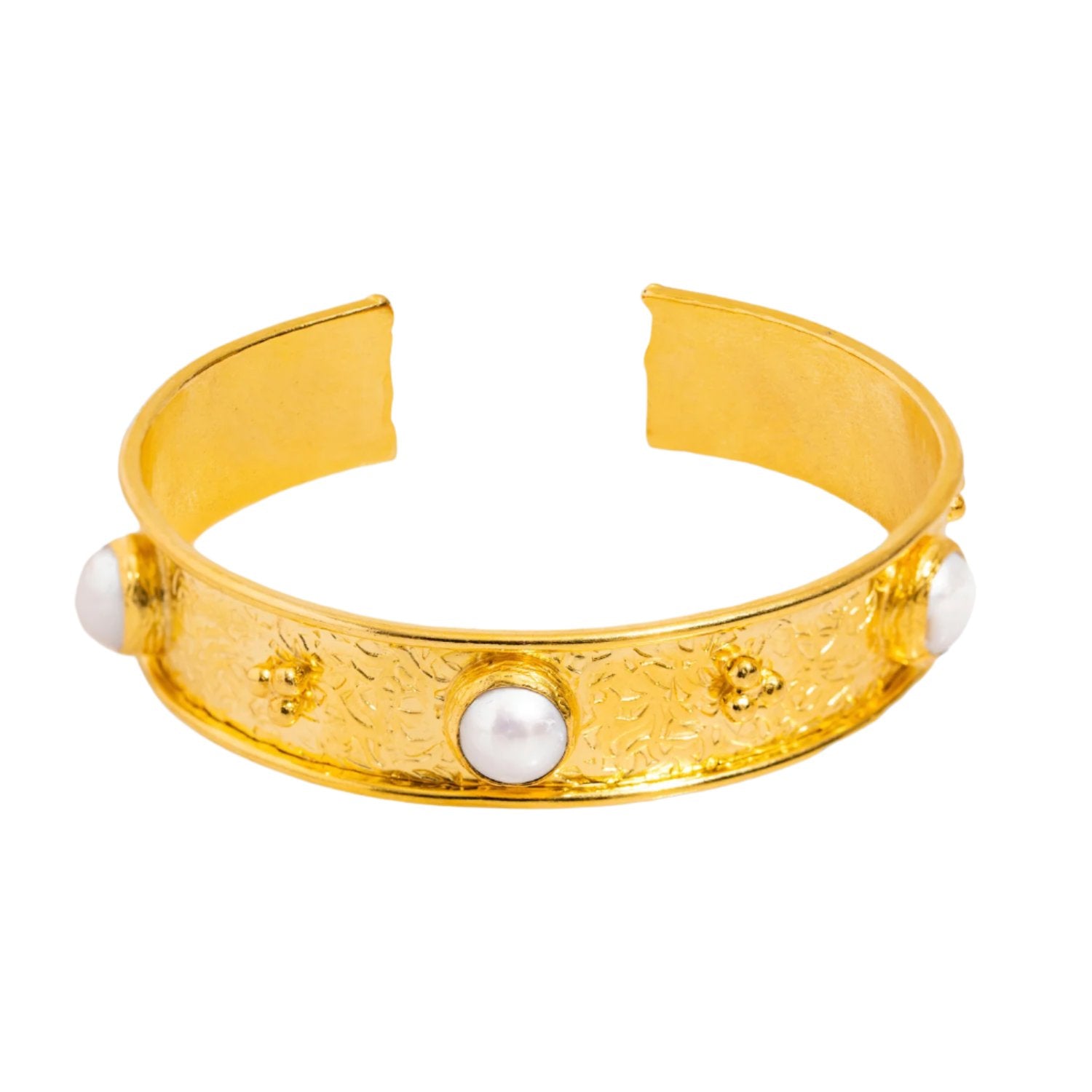 Handcrafted 24K Gold Cuff Bracelet with Three Pearl Stones for Timeless Boho Elegance
