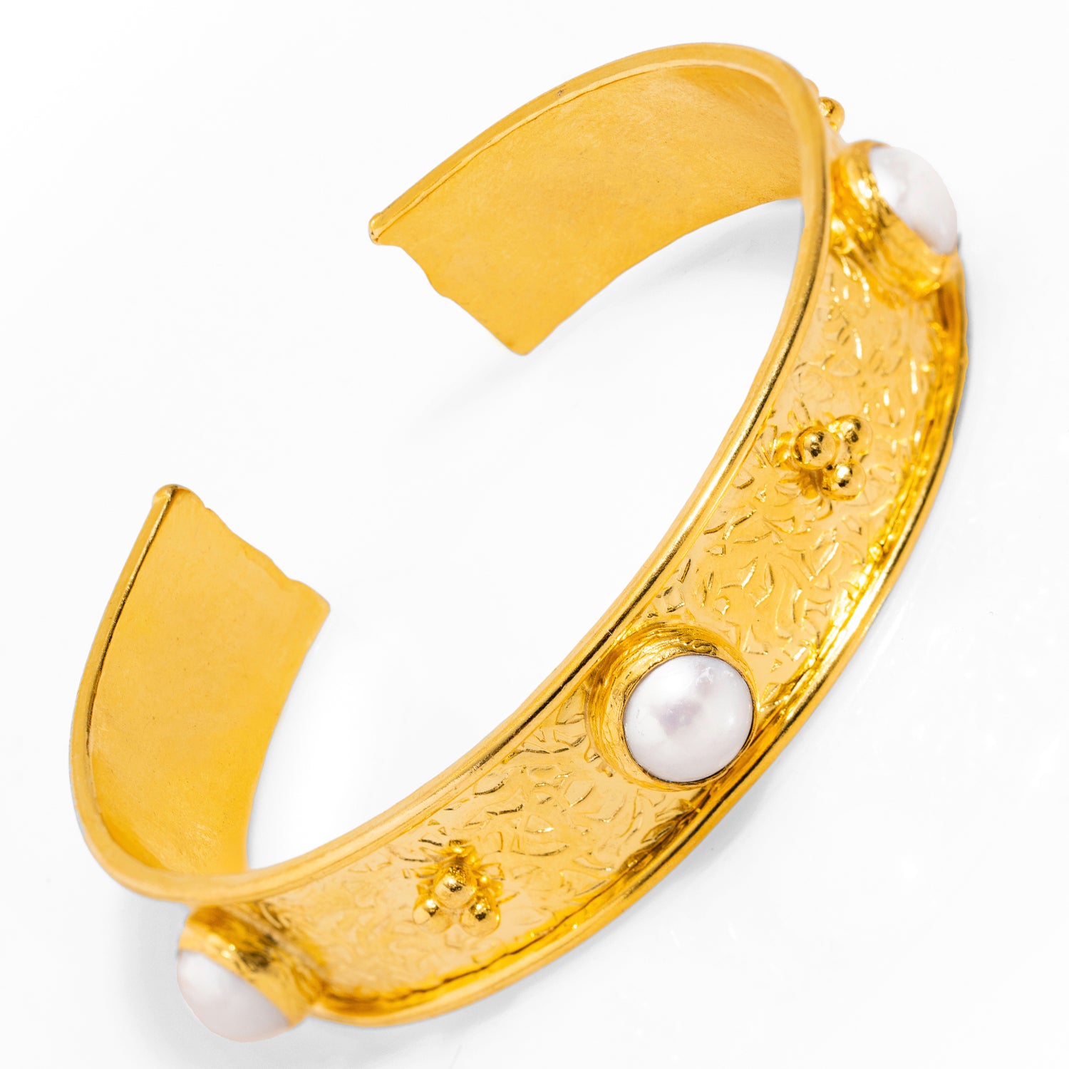 Handmade Gold Cuff Bracelet with Three Large Pearls for a Chic, Elegant, and Bold Fashion Statement
