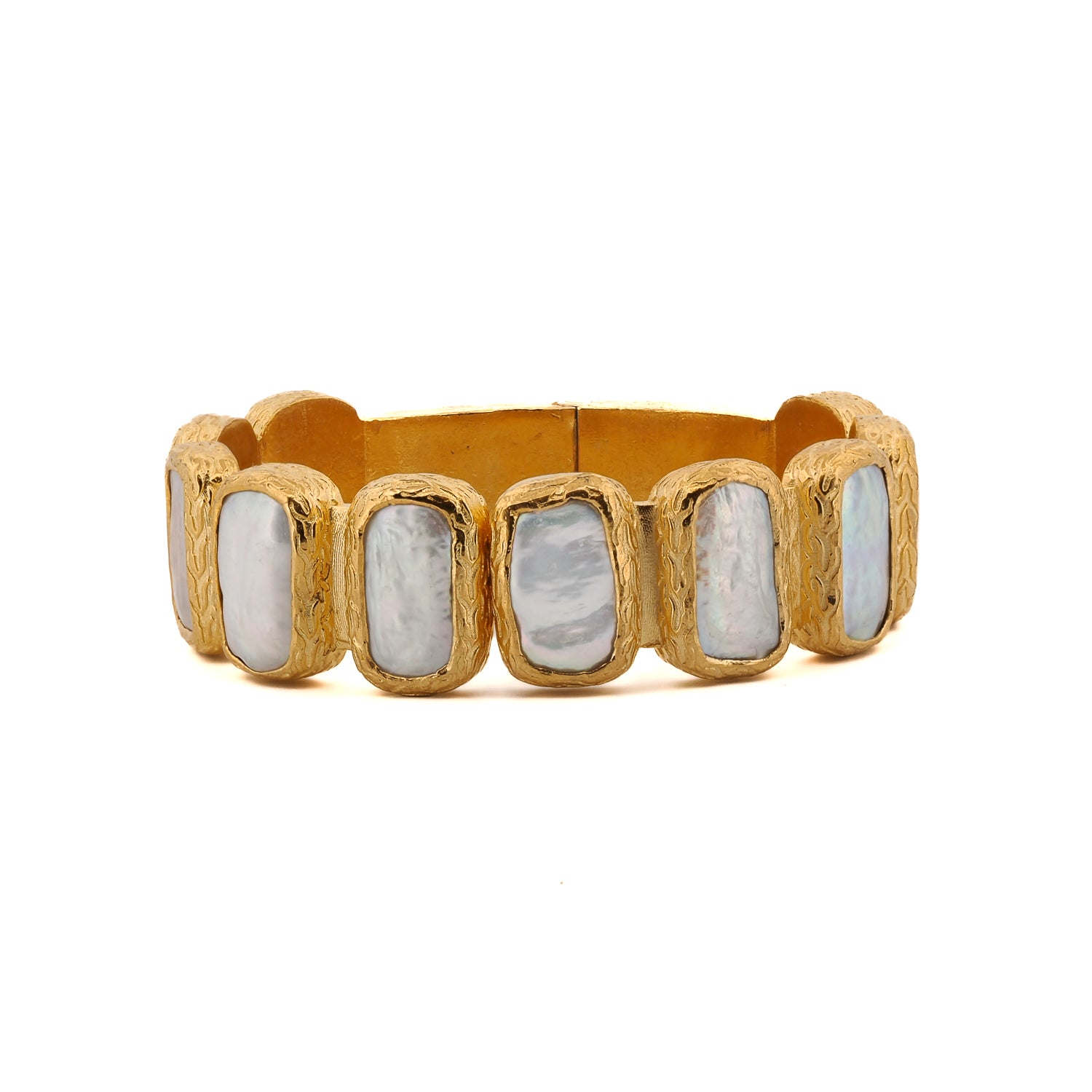 Elegant Brass Cuff Bracelet with Lustrous Pearls