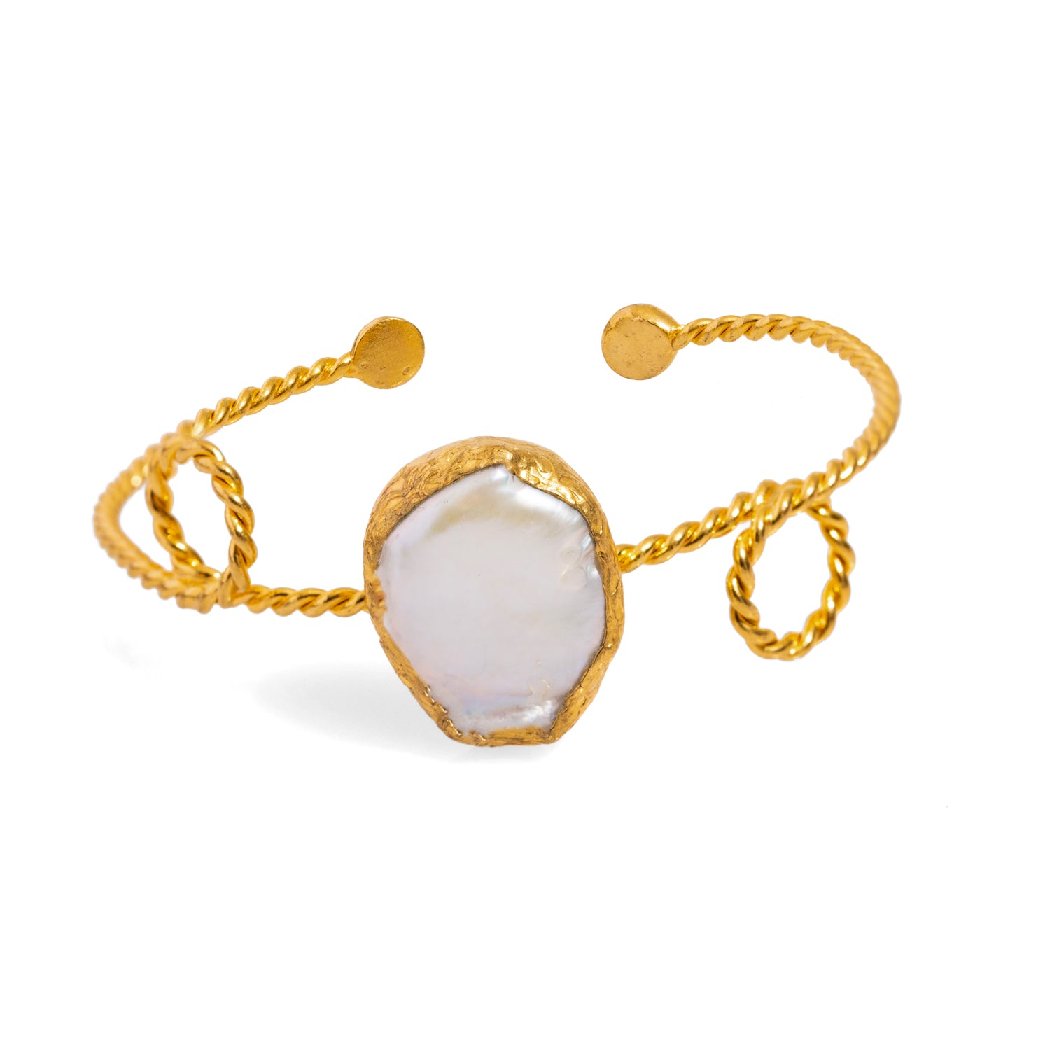 24K Gold-Plated Cleopatra Cuff Bracelet with Large Oval Pearl Stone for Regal Elegance
