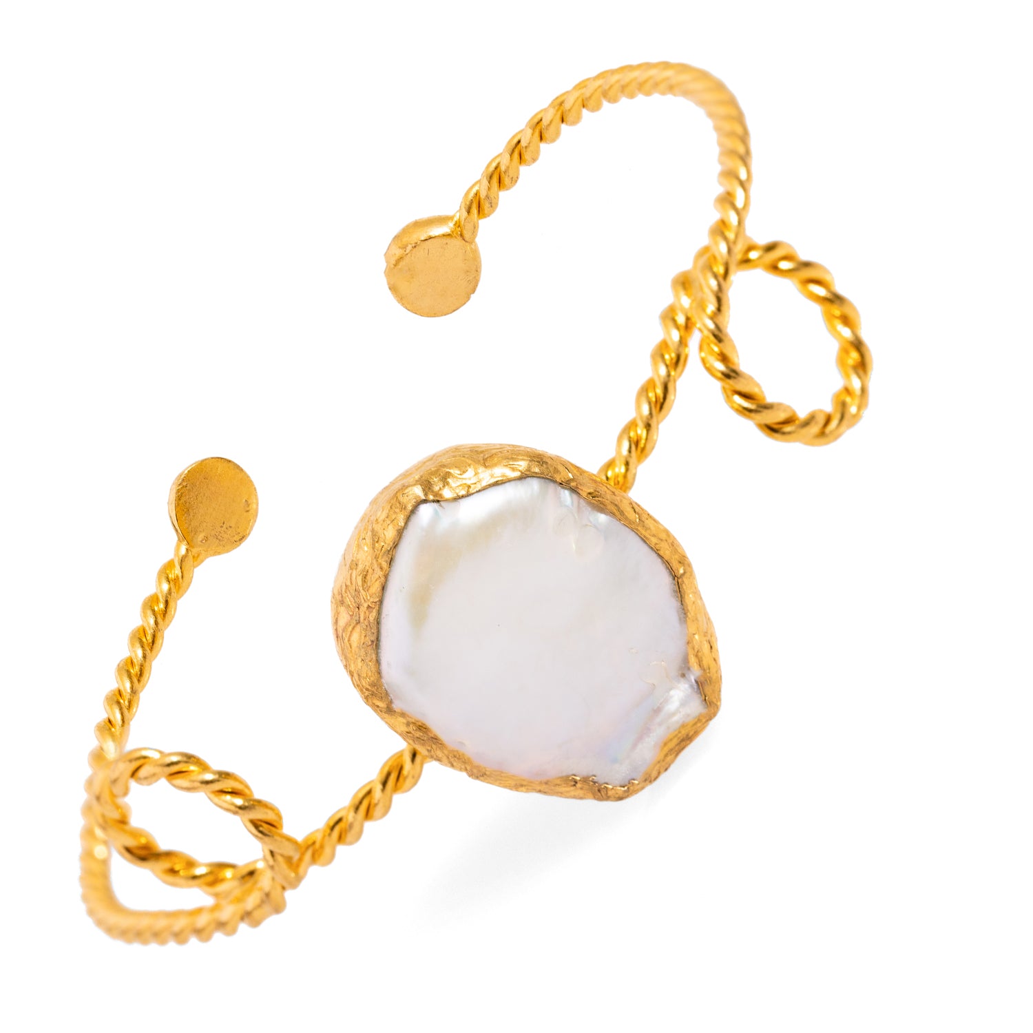 Handmade 24K Gold Cuff Bracelet with Twisted Design and Oval Pearl for Sophisticated Style
