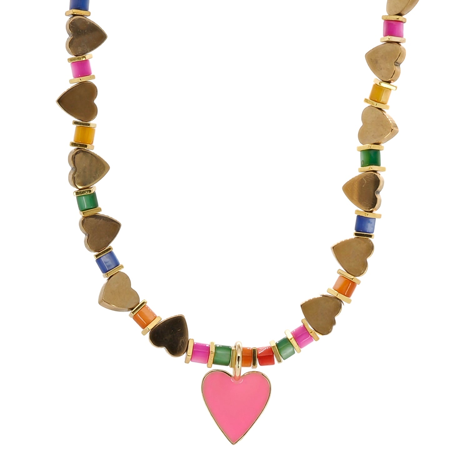 Handmade Necklace with Pink Heart Pendant and Gold Hematite Beads
