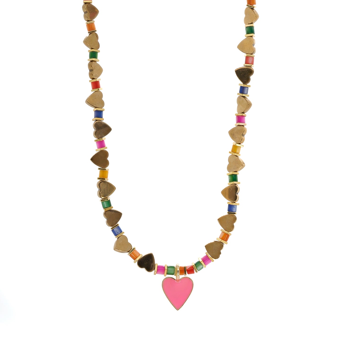Vibrant Necklace with Pink Heart Pendant and Colorful Pearls