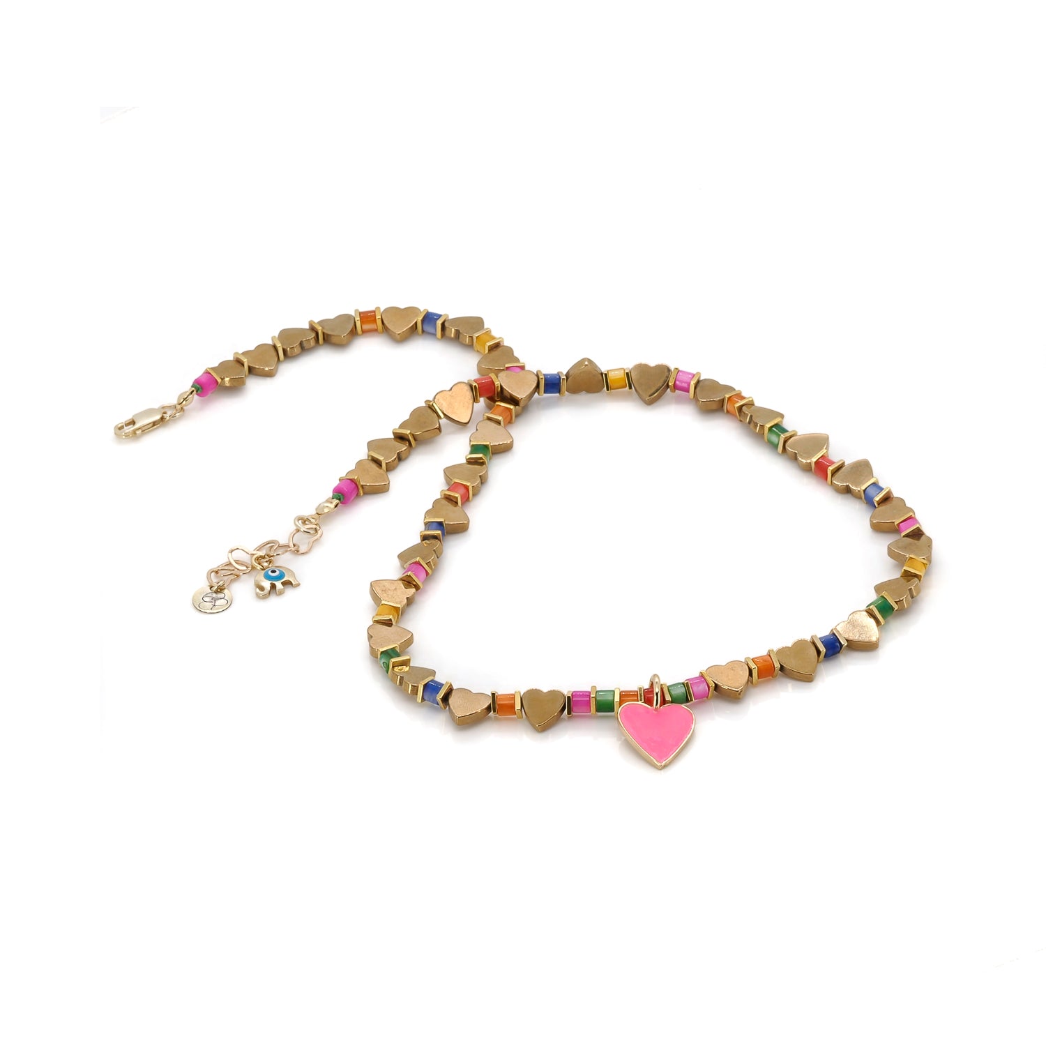 Colorful Necklace with Pink Heart Pendant and Pearl Stones