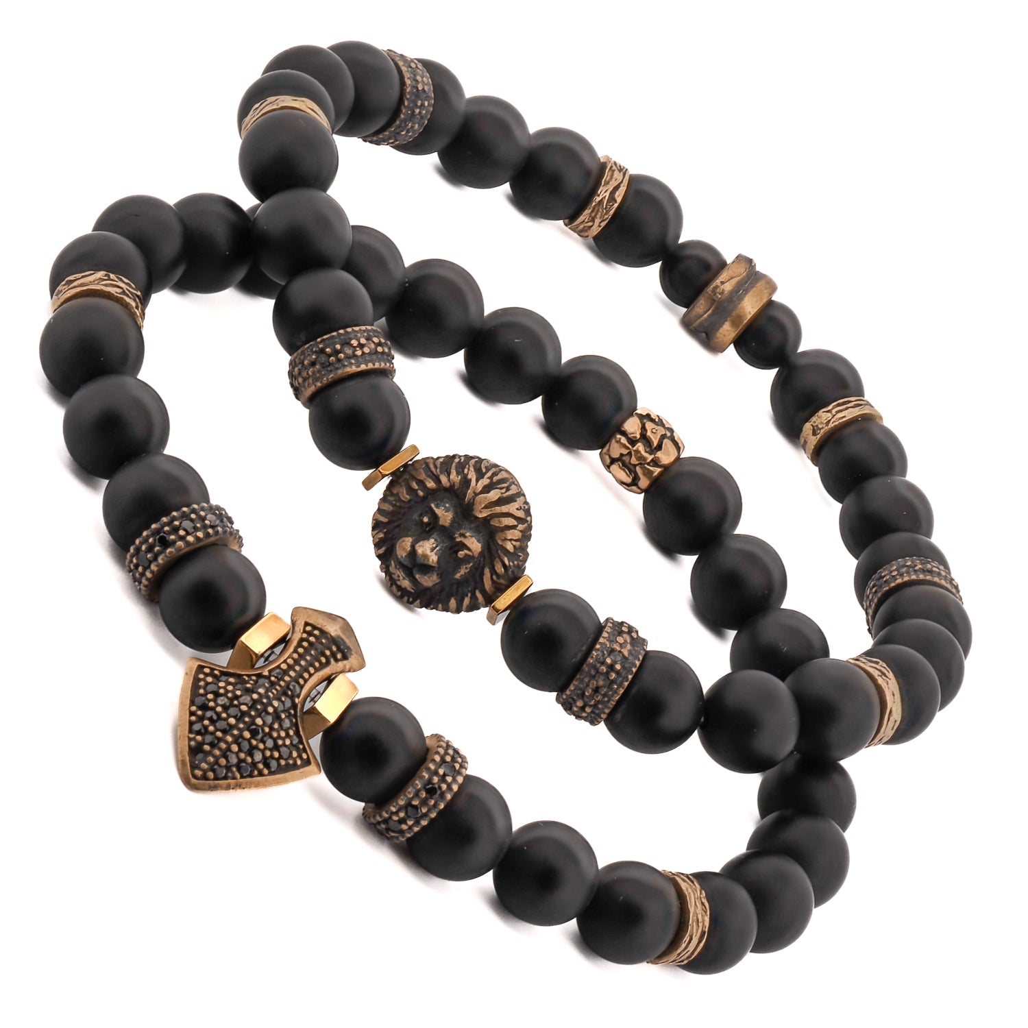 Handcrafted Lion & Diamond Arrow Black Onyx Bracelet Set with black onyx beads and bronze accents, designed for strength and stability
