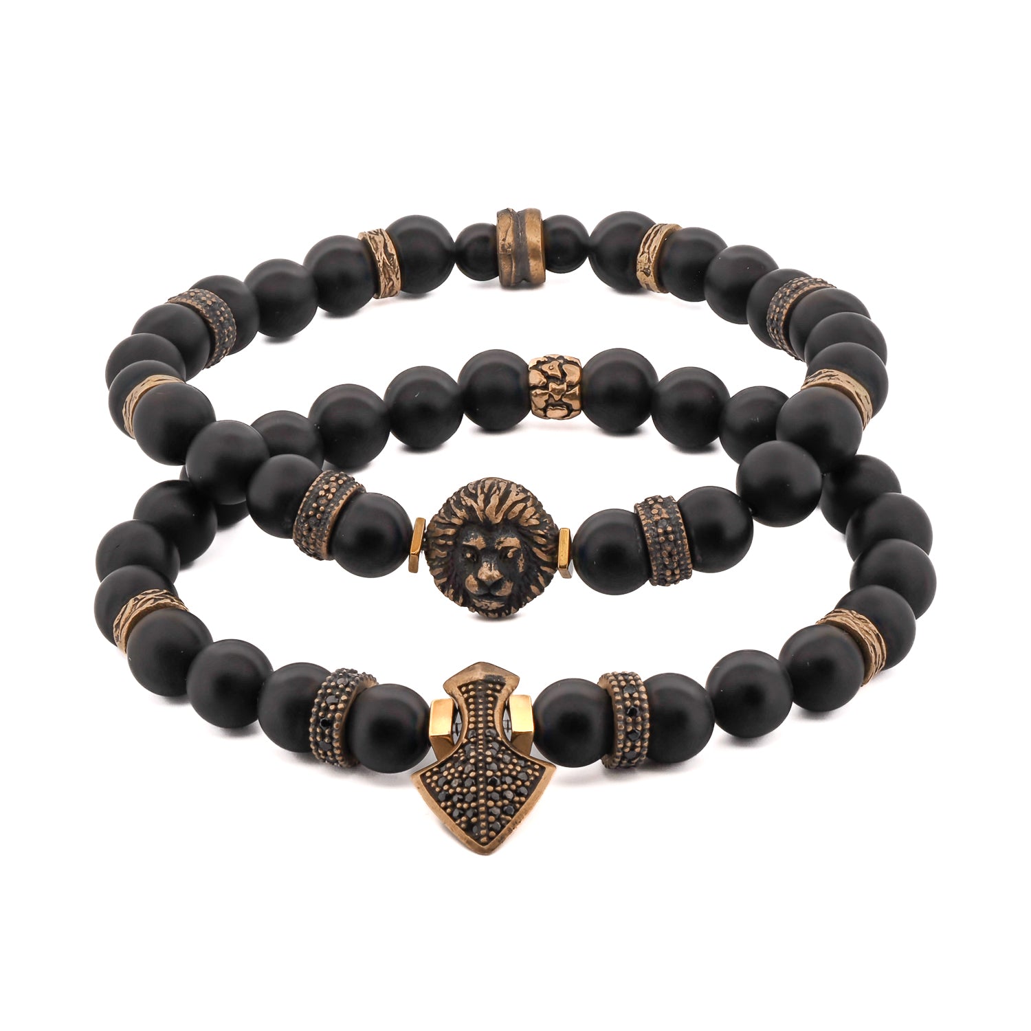 Powerful Lion & Diamond Arrow Black Onyx Bracelet Set featuring 8mm black onyx stone beads, bronze spacers, and bronze lion and diamond arrow charms