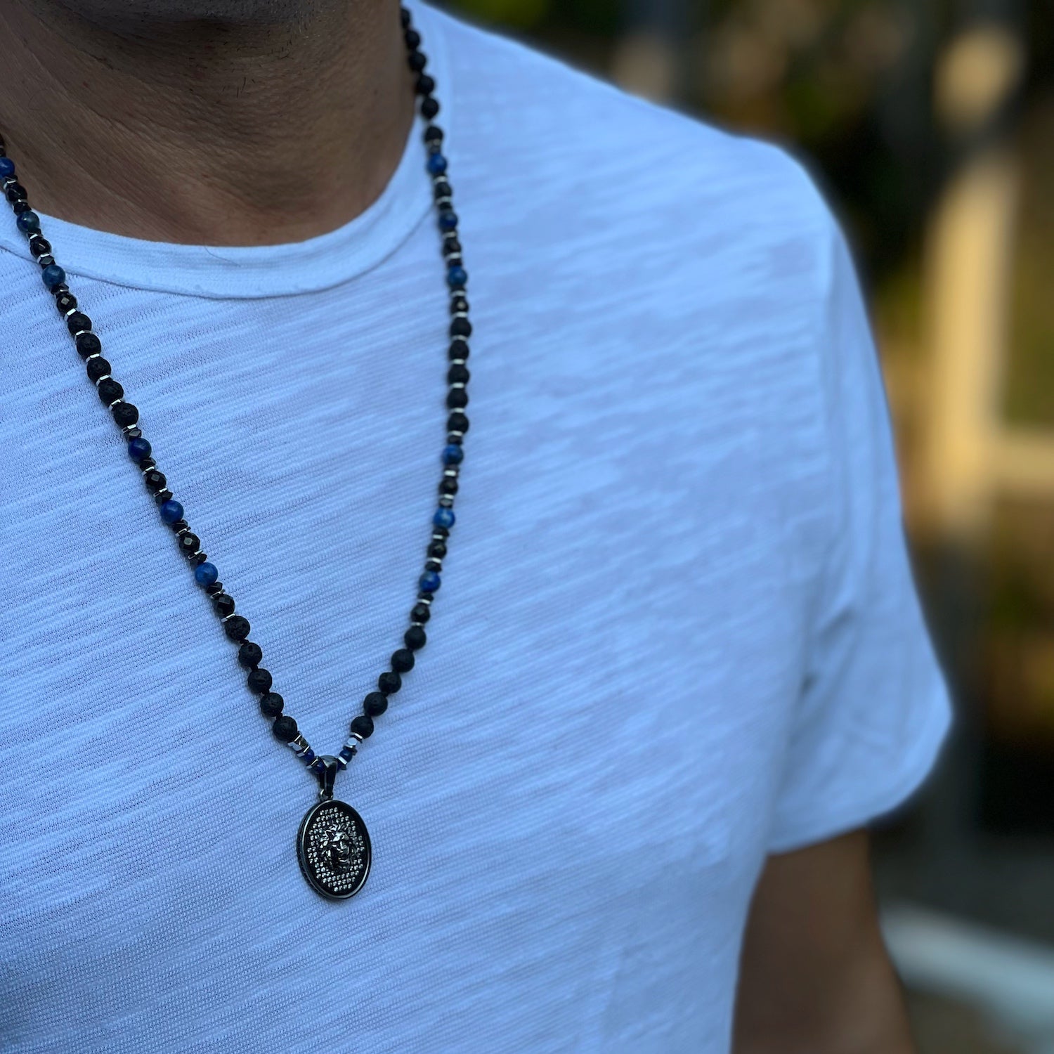 Powerful Silver Black Lion Men Beaded Necklace