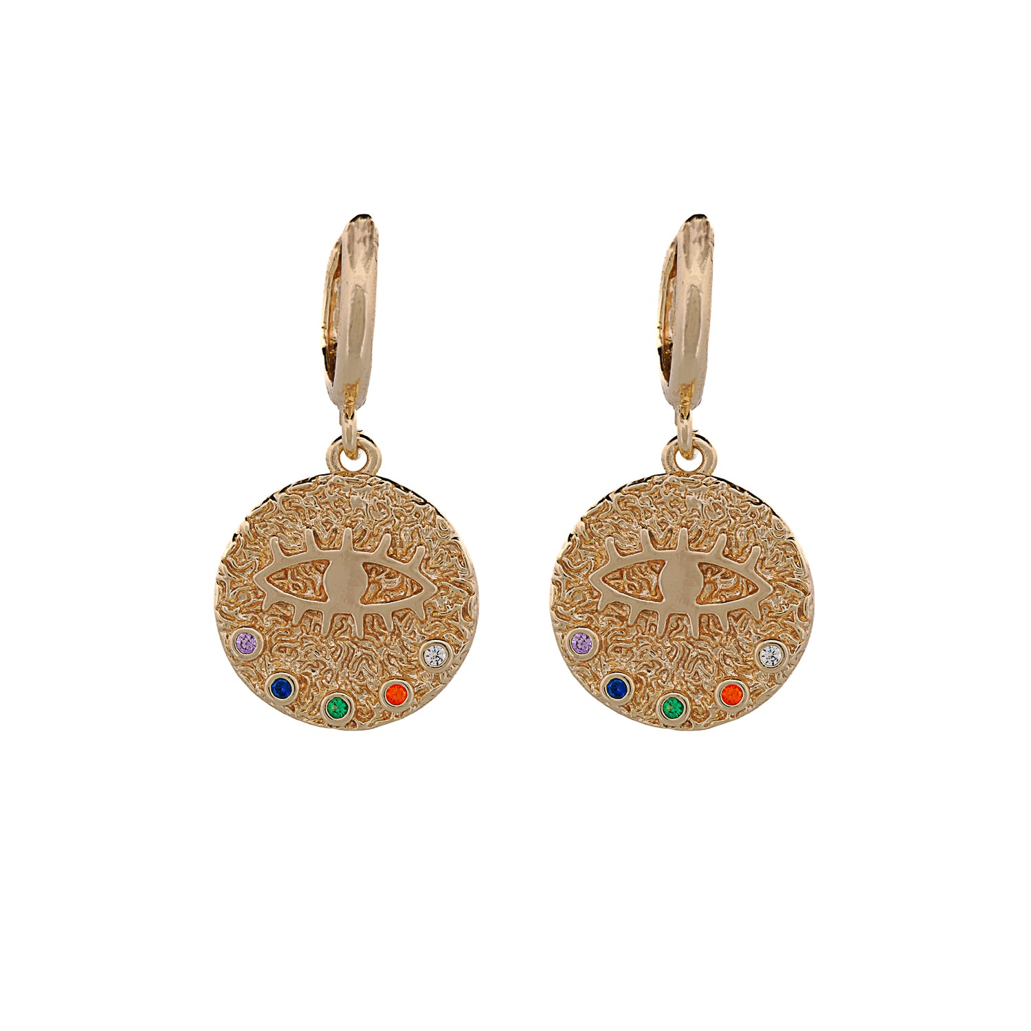 Evil Eye Gold Earrings with Multicolor Gemstones, a symbol of protection and timeless elegance.
