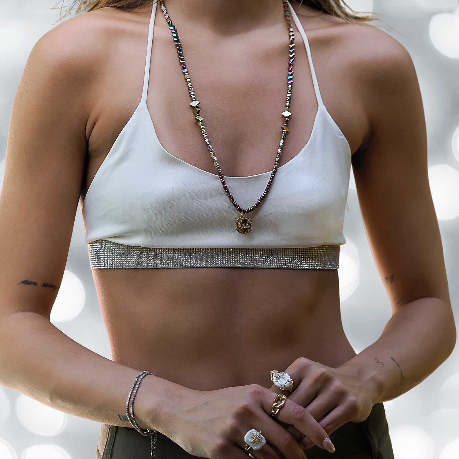 Model Wearing the Calming Hematite Protection Necklace - Elegance Personified.