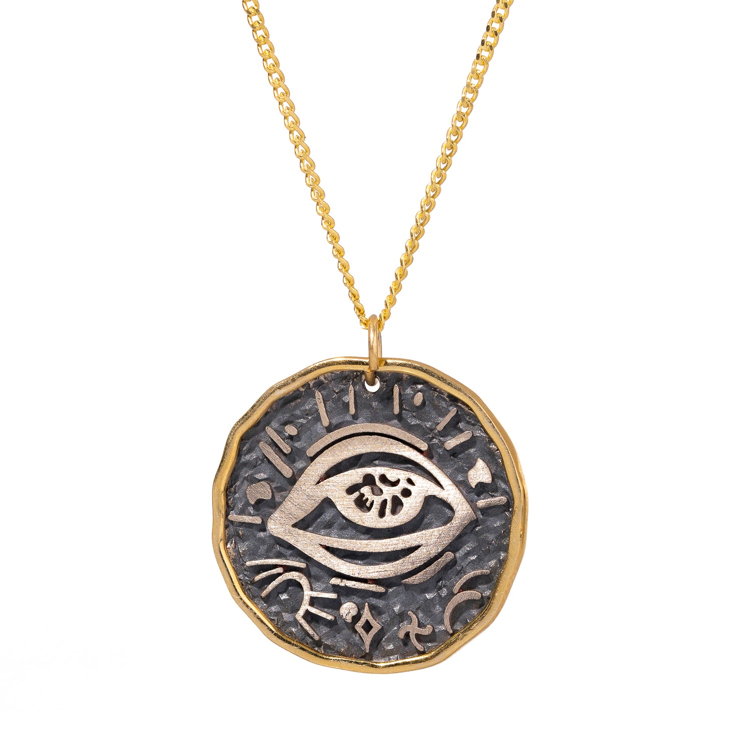 Gold-plated sterling silver necklace featuring a protective eye pendant, a talisman against negative energies.