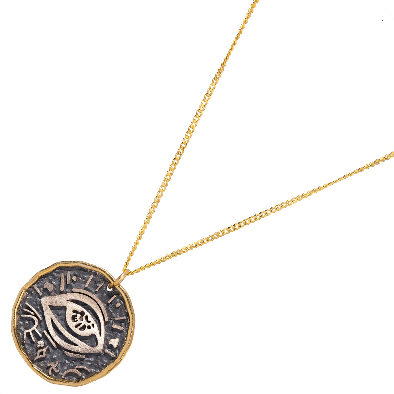 Sterling silver pendant necklace featuring a protective eye symbol, framed in luxurious 18k gold plating.