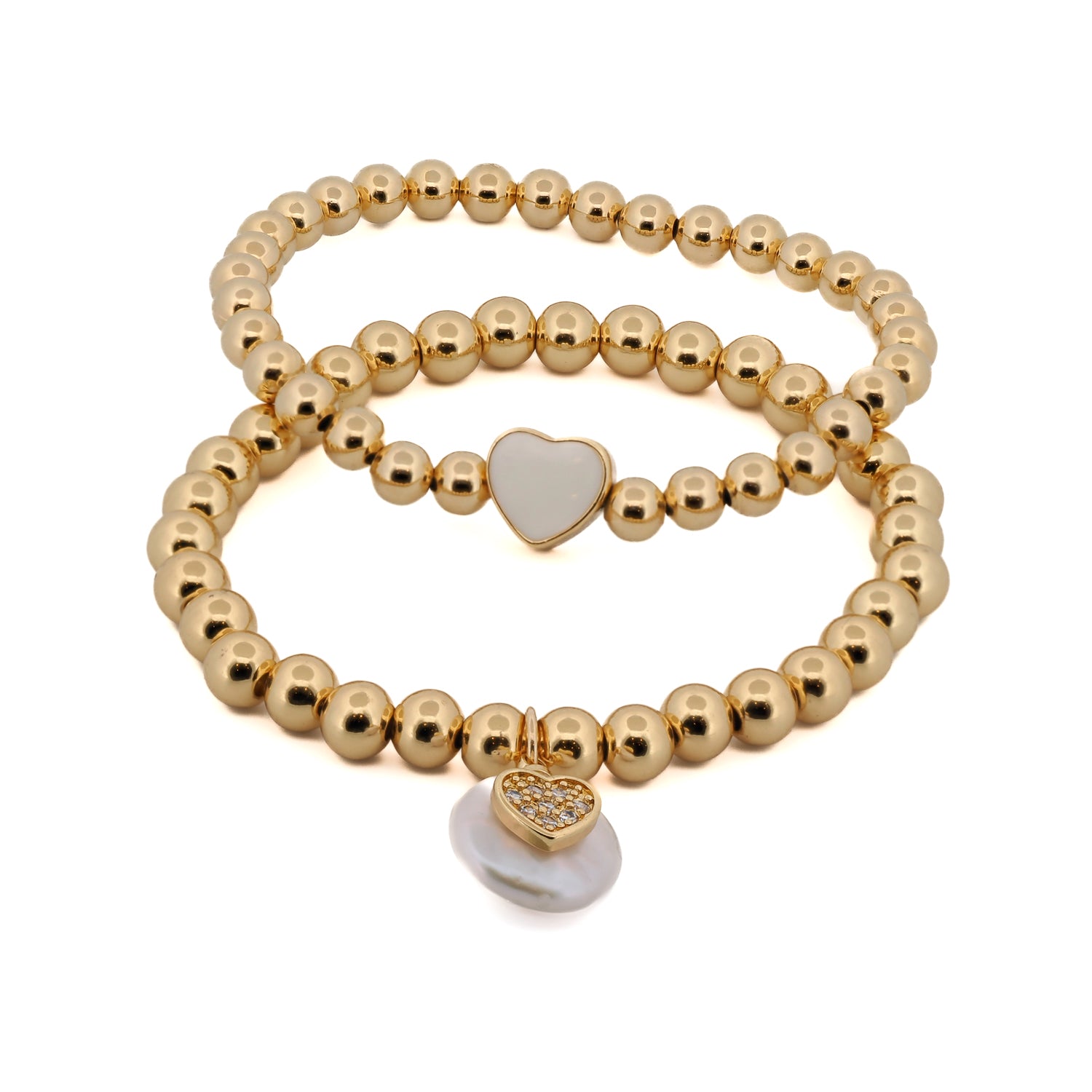 Pure Love White Heart Gold Beaded Bracelet Set